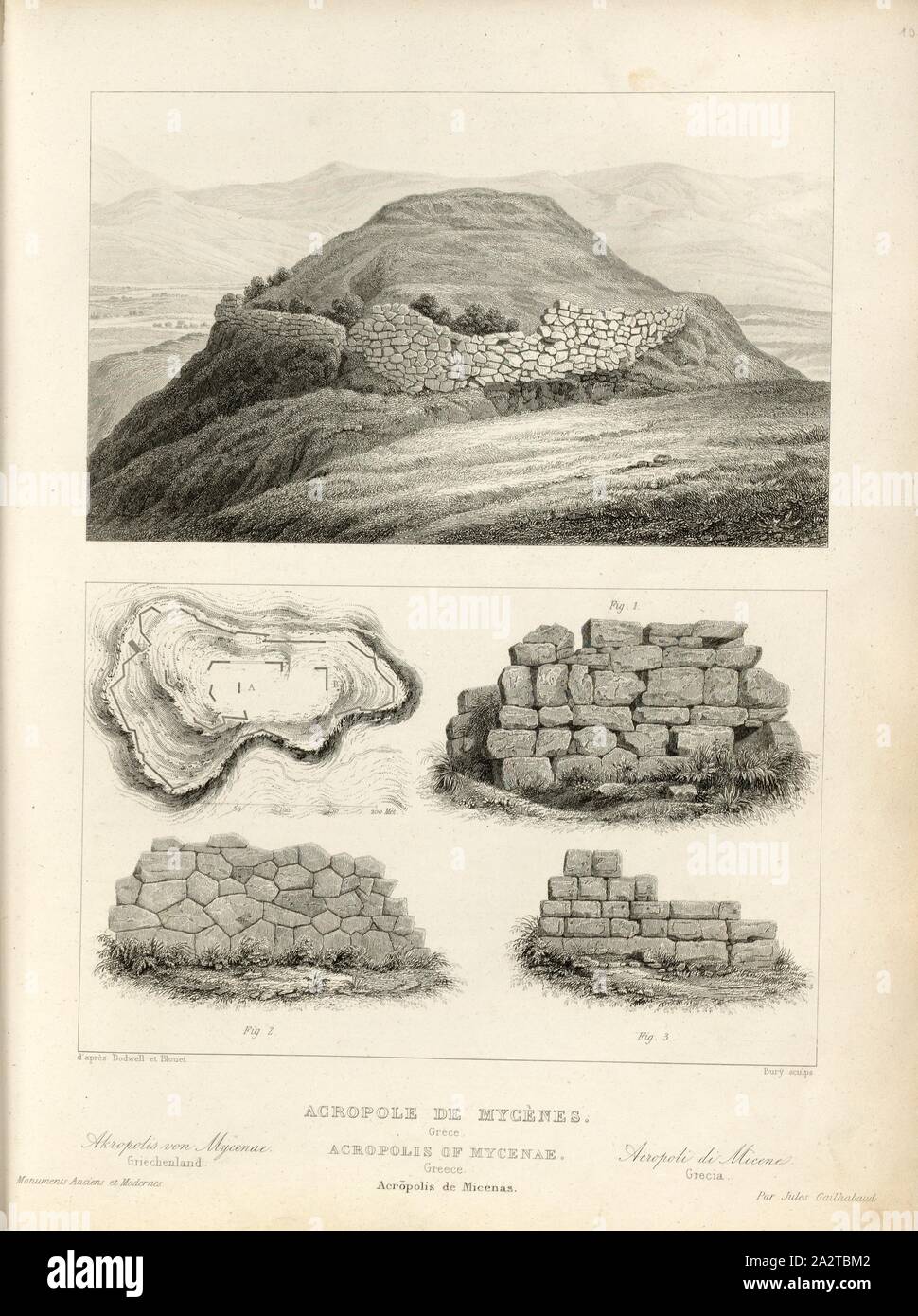 Acropolis of Mycenae, Acropolis of Mycenae, signed: d'après Dodwell et Blouet, Bury (sculp.), Fig. 18, p. 89, Dodwell (d'après.), Blouet (d'après), Bury (sculp.), 1853, Jules Gailhabaud: Monuments anciens et modernes. Bd. 1. Paris: Librairie de Firmin Didot frères, 1853 Stock Photo