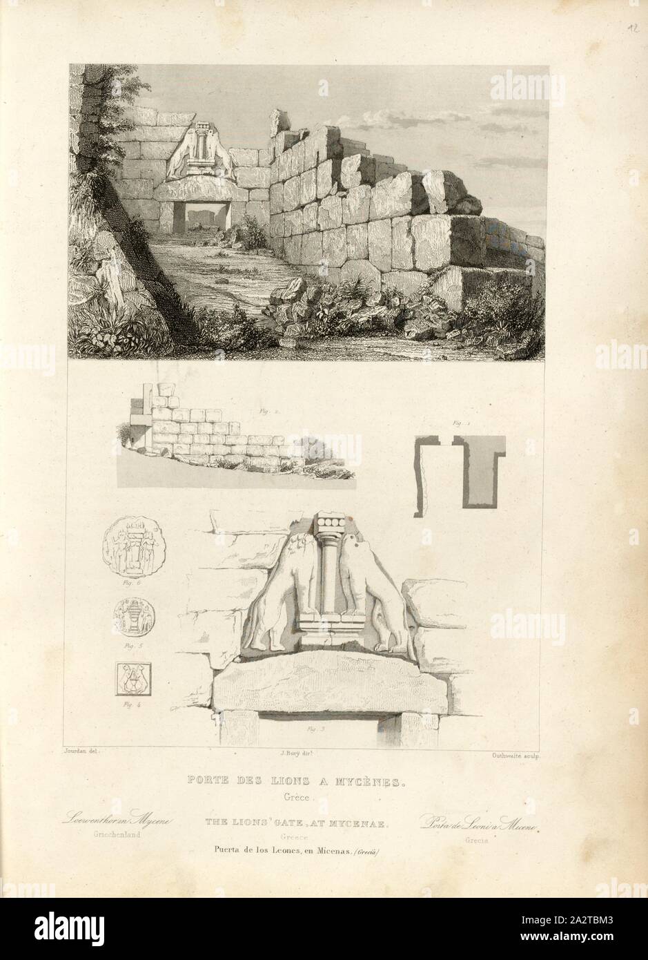 Lions Gate in Mycenae, Lion Gate in Mycenae, signed: Jourdan (del.), J. Bury (dir.), Outhwaite (sculp.), Fig. 19, p. 93, Jourdan (del.), Bury, J. (dir.), Outhwaite, Jean-Jacques (sculp.), 1853, Jules Gailhabaud: Monuments anciens et modernes. Bd. 1. Paris: Librairie de Firmin Didot frères, 1853 Stock Photo
