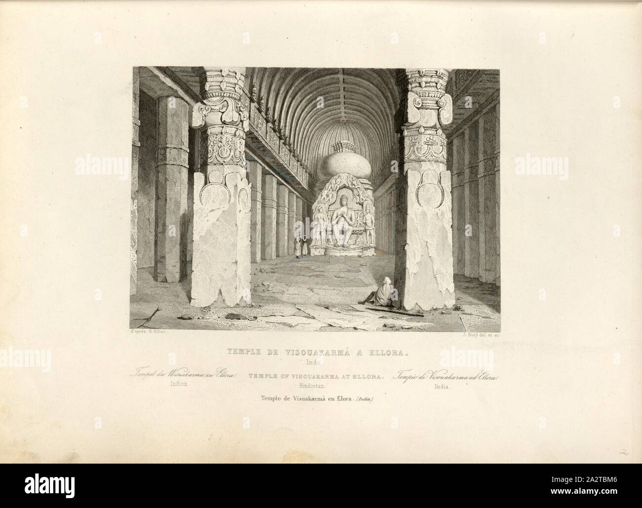 Visouakarmâ Temple in Ellora, Temple of Wisuakarma in Ellora, signed: d'après R. Elliot, J. Bury (del. Et. Sc.), Fig. 22, p. 107, Elliot, R. (d'après), Bury, J. (del. et sc.), 1853, Jules Gailhabaud: Monuments anciens et modernes. Bd. 1. Paris: Librairie de Firmin Didot frères, 1853 Stock Photo