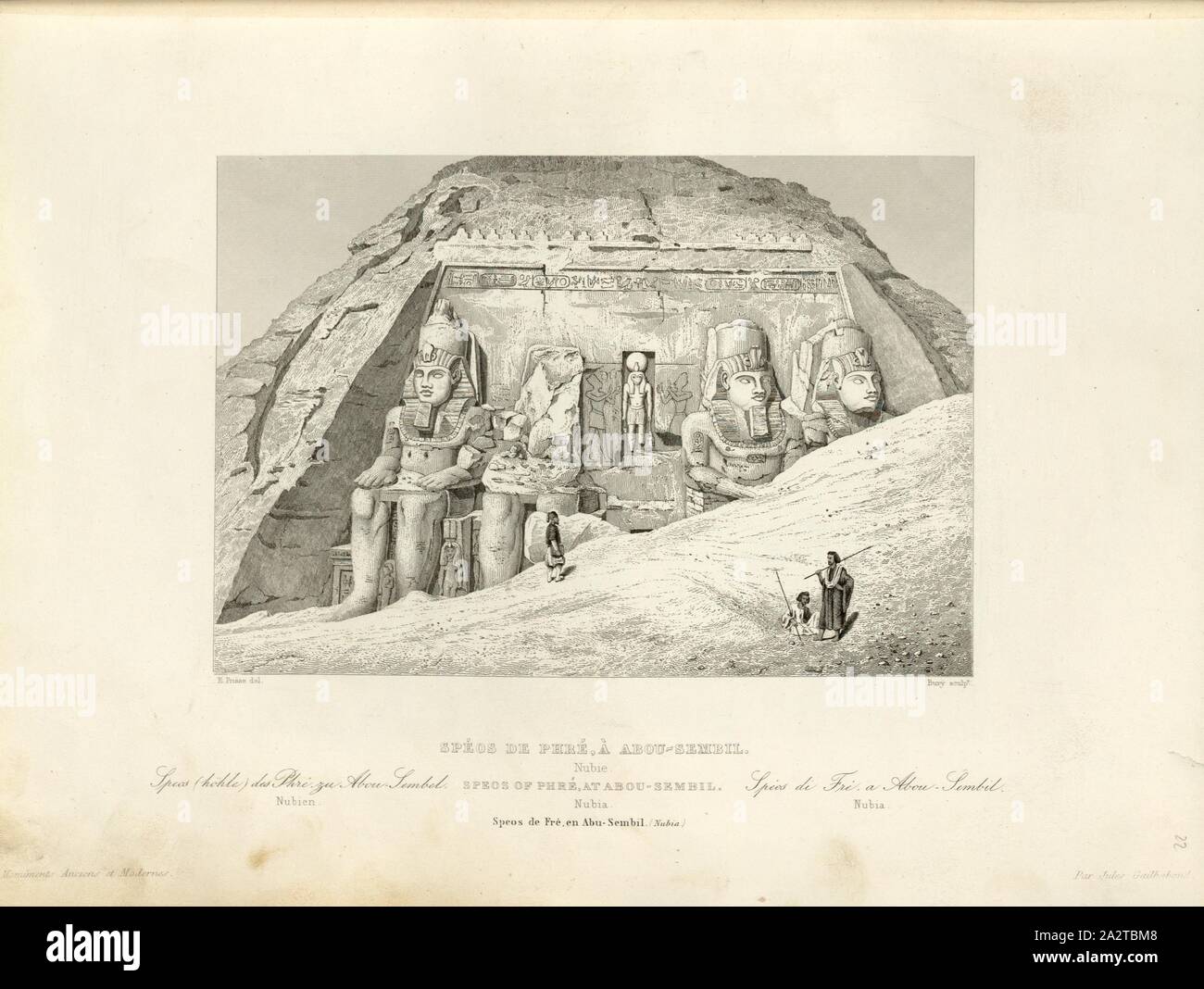 Spéos de Phré, in Abu-Sembil 1, Great Temple of Phré in Abu Simbel from the outside, signed: E. Prisse (del.), Bury (sculp.), Fig. 24, p. 115, Prisse, E (del.), Bury, J. (sculp.), 1853, Jules Gailhabaud: Monuments anciens et modernes. Bd. 1. Paris: Librairie de Firmin Didot frères, 1853 Stock Photo