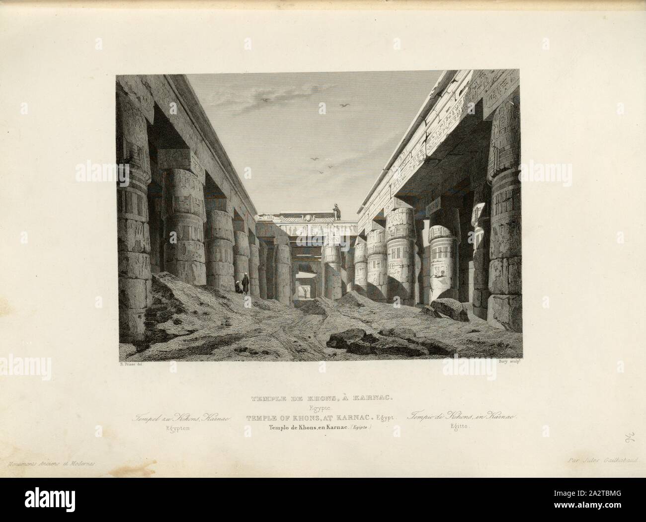 Khons Temple, Karnac 1, Temple of the Chon in Karnak, signed: E. Prisse (del.), Bury (sculp.), Fig. 31, p. 143, Prisse, E (del.), Bury, J. (sculp.), 1853, Jules Gailhabaud: Monuments anciens et modernes. Bd. 1. Paris: Librairie de Firmin Didot frères, 1853 Stock Photo