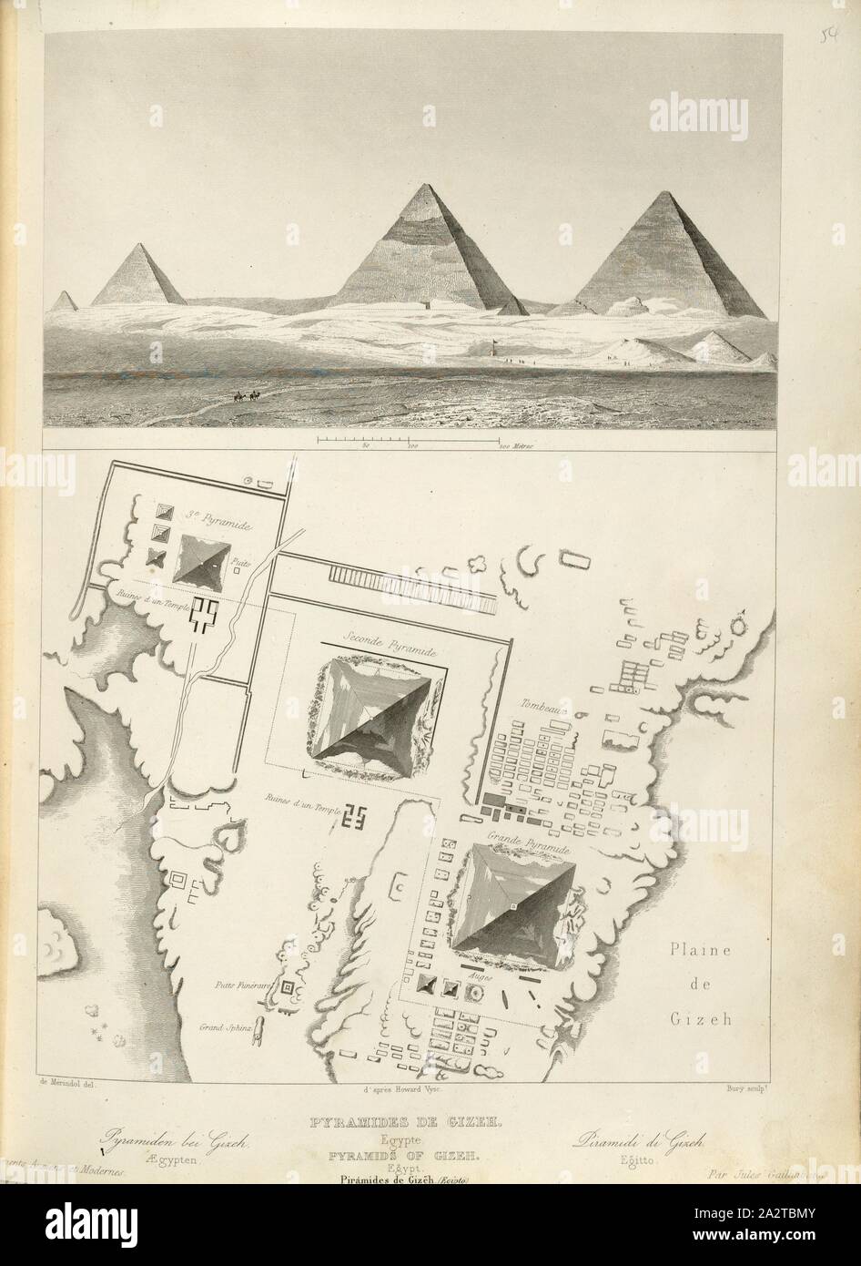 Pyramids of Giza, Pyramids of Giza, signed: de Mérindol (del.), D'après Howard Vyac, Bury (sculp.), Fig. 40, p. 179, Vyac, Howard (d'après), Mérindol, de (del.), Bury (sculp.), 1853, Jules Gailhabaud: Monuments anciens et modernes. Bd. 1. Paris: Librairie de Firmin Didot frères, 1853 Stock Photo