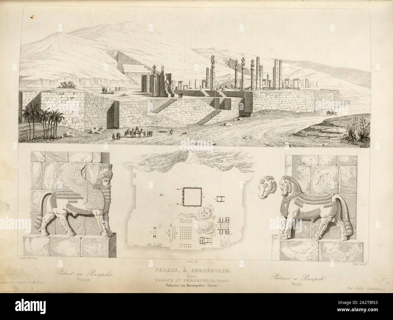 Palace in Persepolis, Palaces in Persepolis, signed: d'après M. Coste, Leville (del.), Bury (sculp.), Fig. 43, p. 201, Coste, M. (d'après), Leveil (del.), Bury (sculp.), 1853, Jules Gailhabaud: Monuments anciens et modernes. Bd. 1. Paris: Librairie de Firmin Didot frères, 1853 Stock Photo