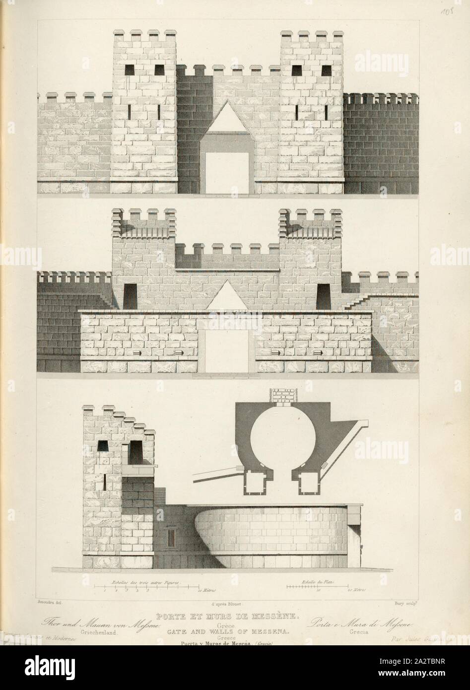Gate and walls of Messene, City gate and walls in Messene Greece, signed: Amoudru (del.); Bury (sculp.), Fig. 63, p. 281, Amourdru (del.); Bury (sc.), 1853, Jules Gailhabaud: Monuments anciens et modernes. Bd. 1. Paris: Librairie de Firmin Didot frères, 1853 Stock Photo