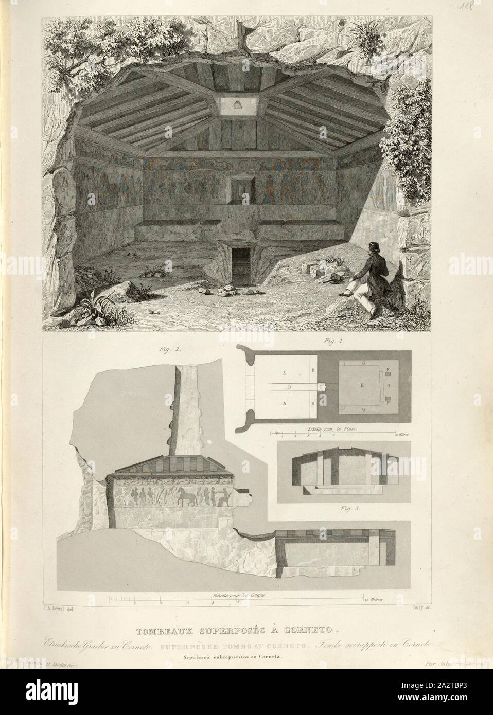 Tombs superimposed on Corneto, Etruscan tombs in Corneto, signed: J. A. Leveil (del.); Bury (sc.), Fig. 70, p. 307, Leveil, J. A. (del.); Bury (sc.), 1853, Jules Gailhabaud: Monuments anciens et modernes. Bd. 1. Paris: Librairie de Firmin Didot frères, 1853 Stock Photo