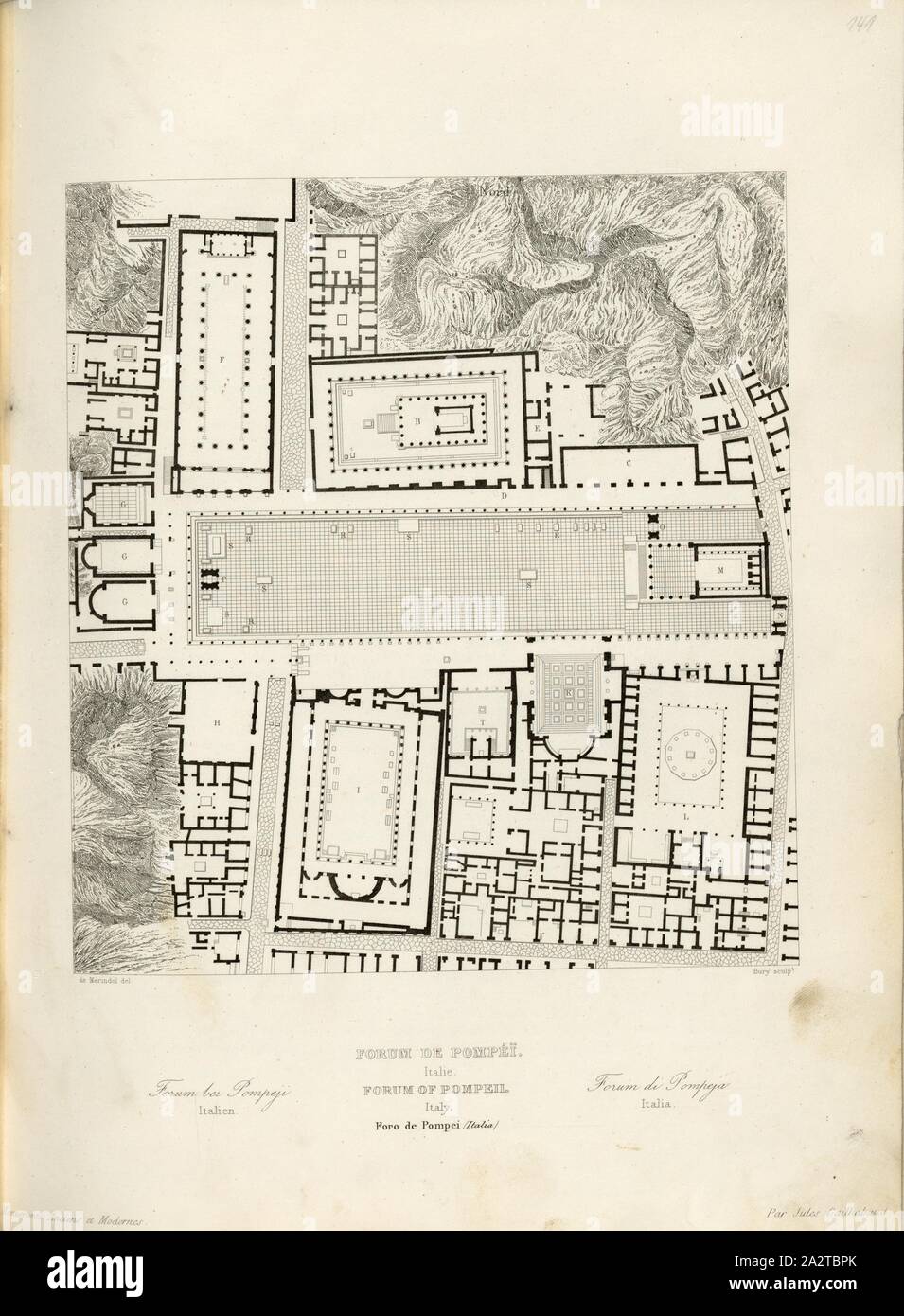 Forum of Pompei Plan, Plan of the Forum in Pompeii, signed: de Merindol (del.); Bury (sculp.), Fig. 85, p. 353, Merindol, de (del.); Bury (sculp.), 1853, Jules Gailhabaud: Monuments anciens et modernes. Bd. 1. Paris: Librairie de Firmin Didot frères, 1853 Stock Photo