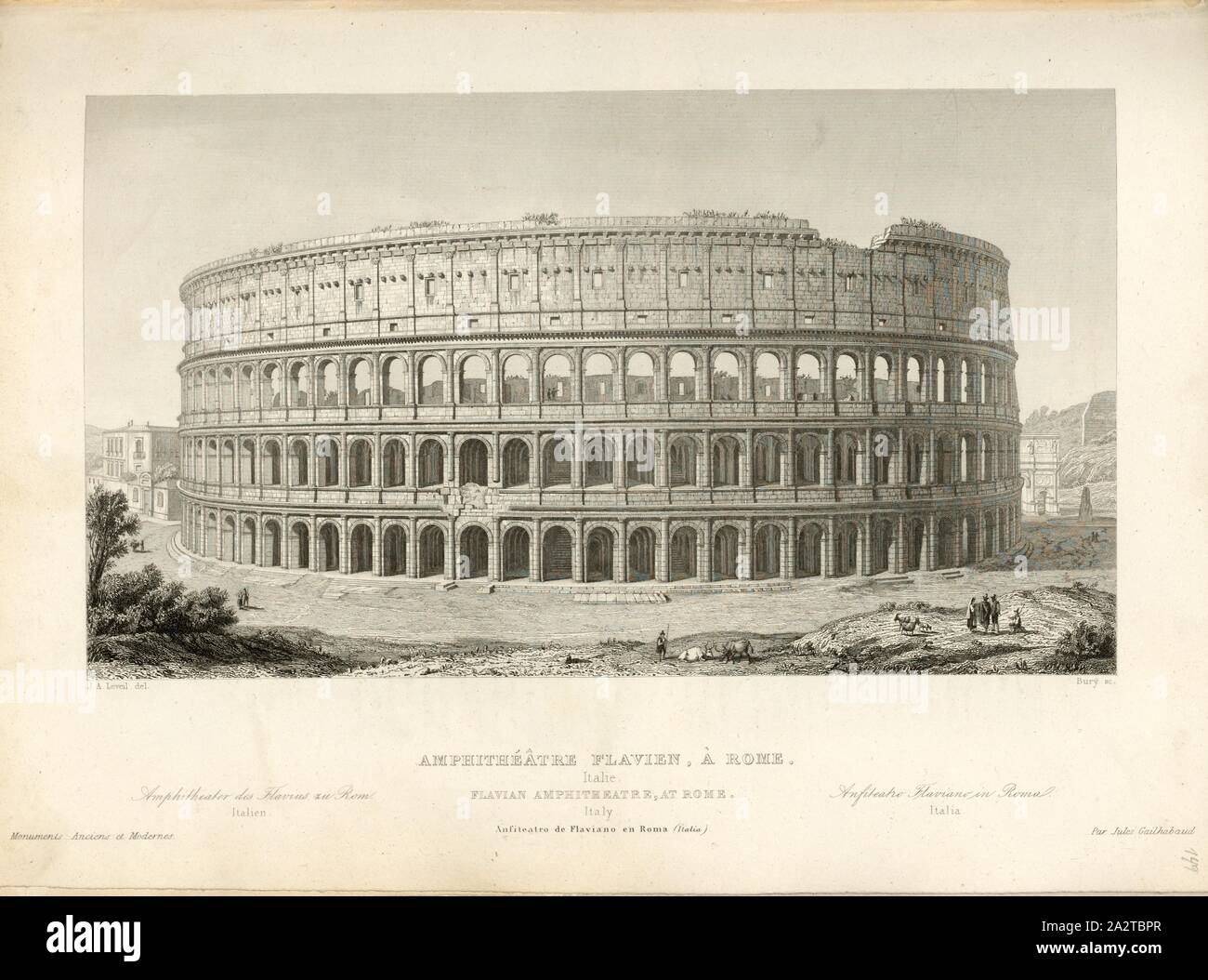 Flavian Amphitheater, Rome, Amphitheatrium Flavium or Colosseum in Rome, signed: J. A. Leveil (del.); Bury (sc.), Fig. 88, p. 369, Leveil, J. A. (del.); Bury (sculp.), 1853, Jules Gailhabaud: Monuments anciens et modernes. Bd. 1. Paris: Librairie de Firmin Didot frères, 1853 Stock Photo