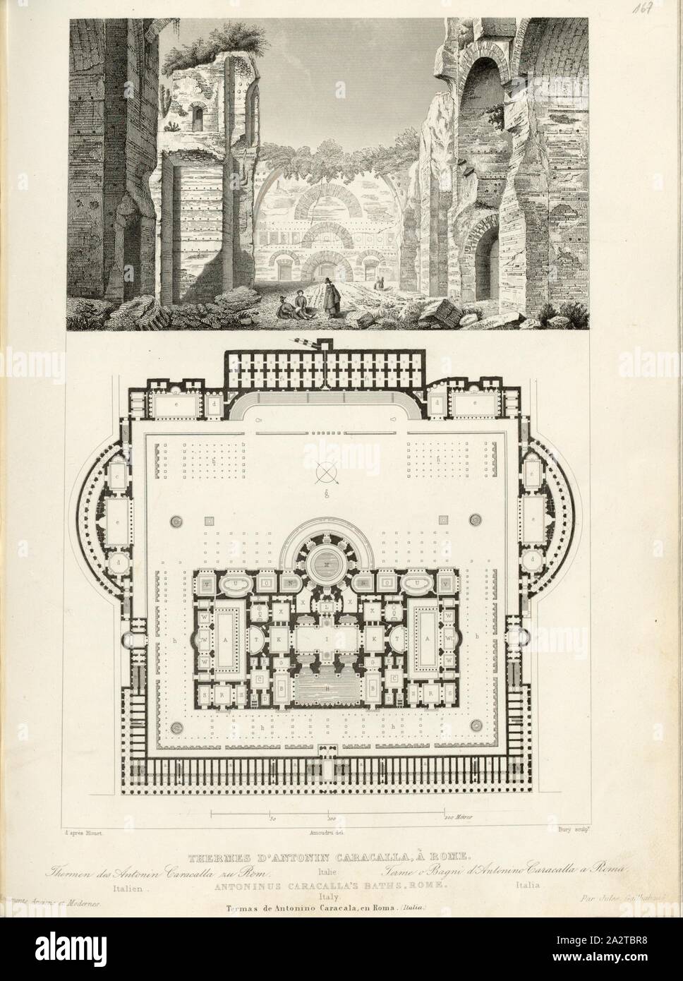 Baths of Antonin Caracalla, in Rome, Caracalla Baths in Rome, signed: d'après Blouet, Amoudru (del.); Bury (sculp.), Fig. 100, S. 405, Blouet (d'après); Amoudru (del.); Bury (sculp.), 1853, Jules Gailhabaud: Monuments anciens et modernes. Bd. 1. Paris: Librairie de Firmin Didot frères, 1853 Stock Photo
