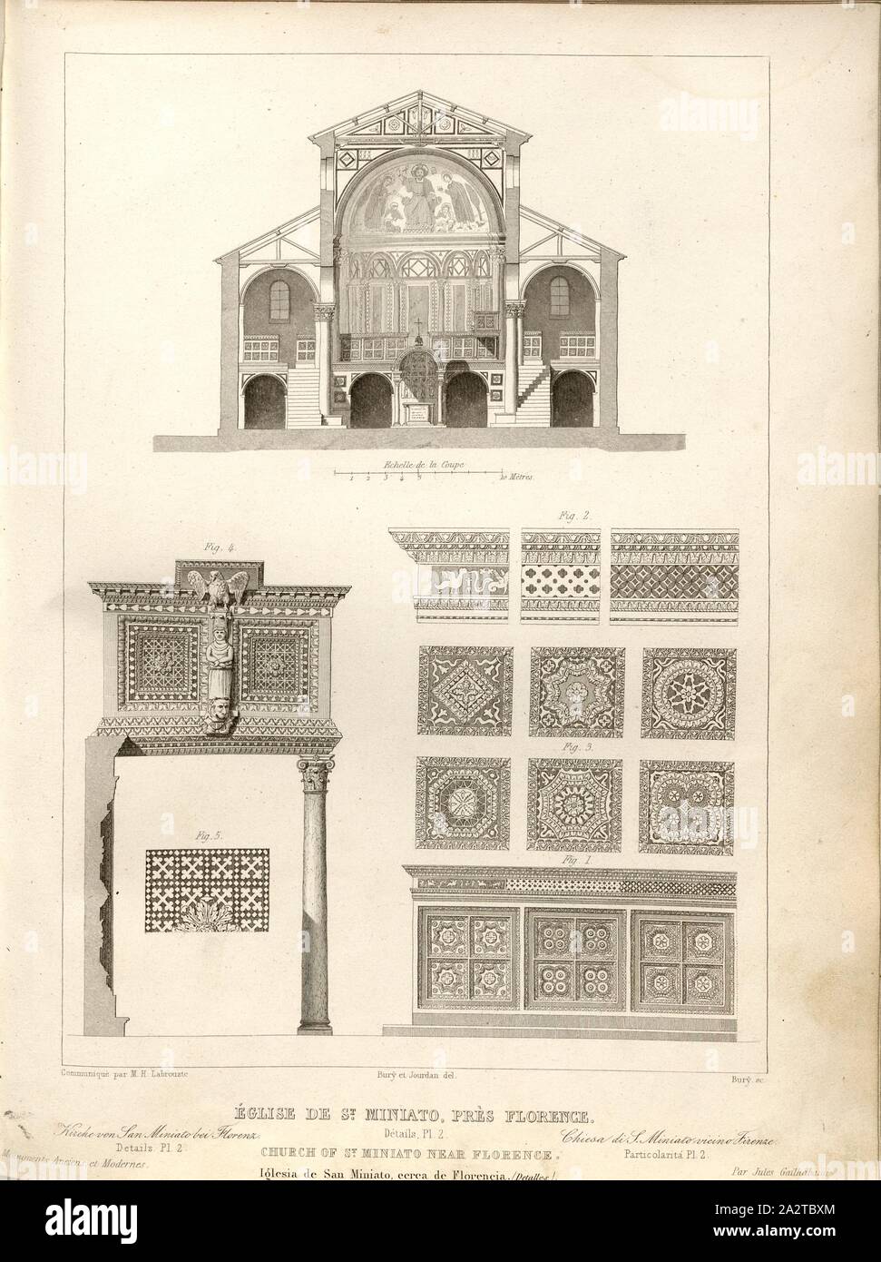 Church of St. Miniato, near Florence. Details. Pl. 2, Cross section and  decorations of the Basilica of San Miniato al Monte in Florence, signed:  Communiqué par M. H. Labrouste; Bury et Jourdan, image size:971x1390