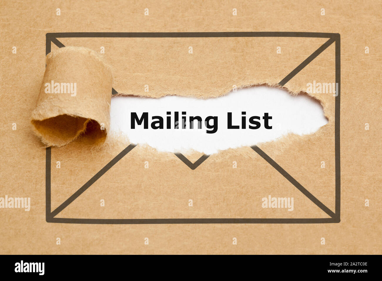 Text Mailing List appearing behind ripped brown paper in letter envelope drawing. Stock Photo