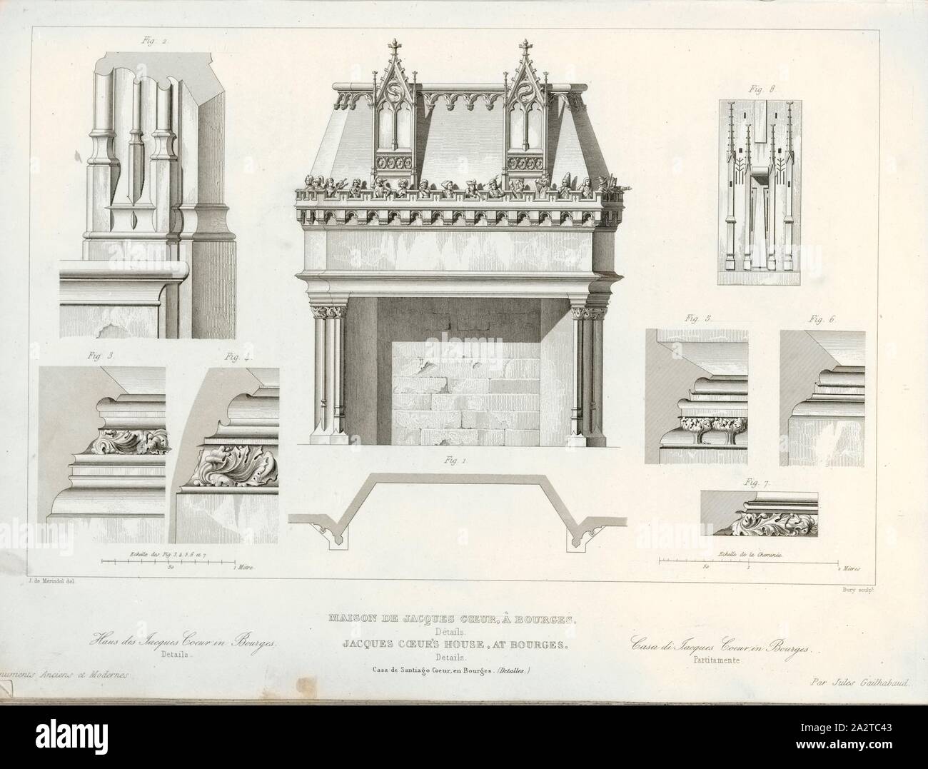 House of Jacques Coeur, in Bourges. Details, Ornaments in the Palais Jacques-C ur in Bourges, signed: J. de Mérindol del, Bury sculp, Pl., 85, Merindol, Jules Charles Joseph de (del.); Bury, Jean Baptiste Marie (sc.), 1853, Jules Gailhabaud: Monuments anciens et modernes: collection formant une histoire de l'architecture des différents peuples à toutes les époques. Paris: Librairie de Firmin Didot frères, 1853 Stock Photo