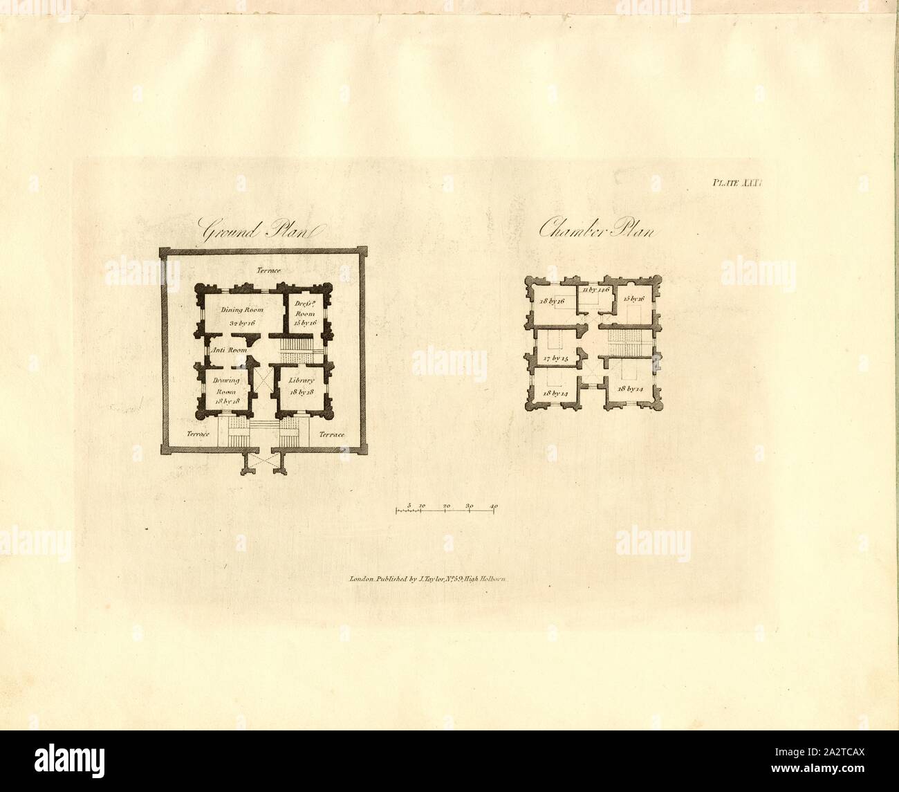 Villa in the Eastern style 1, Floor plans of a villa in the Indian style, Pl. XXXI, to p. 31, Robert Lugar: Architectural sketches for cottages, rural dwellings, and villas, in the Grecian, Gothic, and fancy styles: with plans; suitable to persons of genteel life and moderate fortune.: preceded by some observations on scenery and character proper for picturesque buildings. London: printed for J. Taylor, at the Architectural Library, 1823 Stock Photo