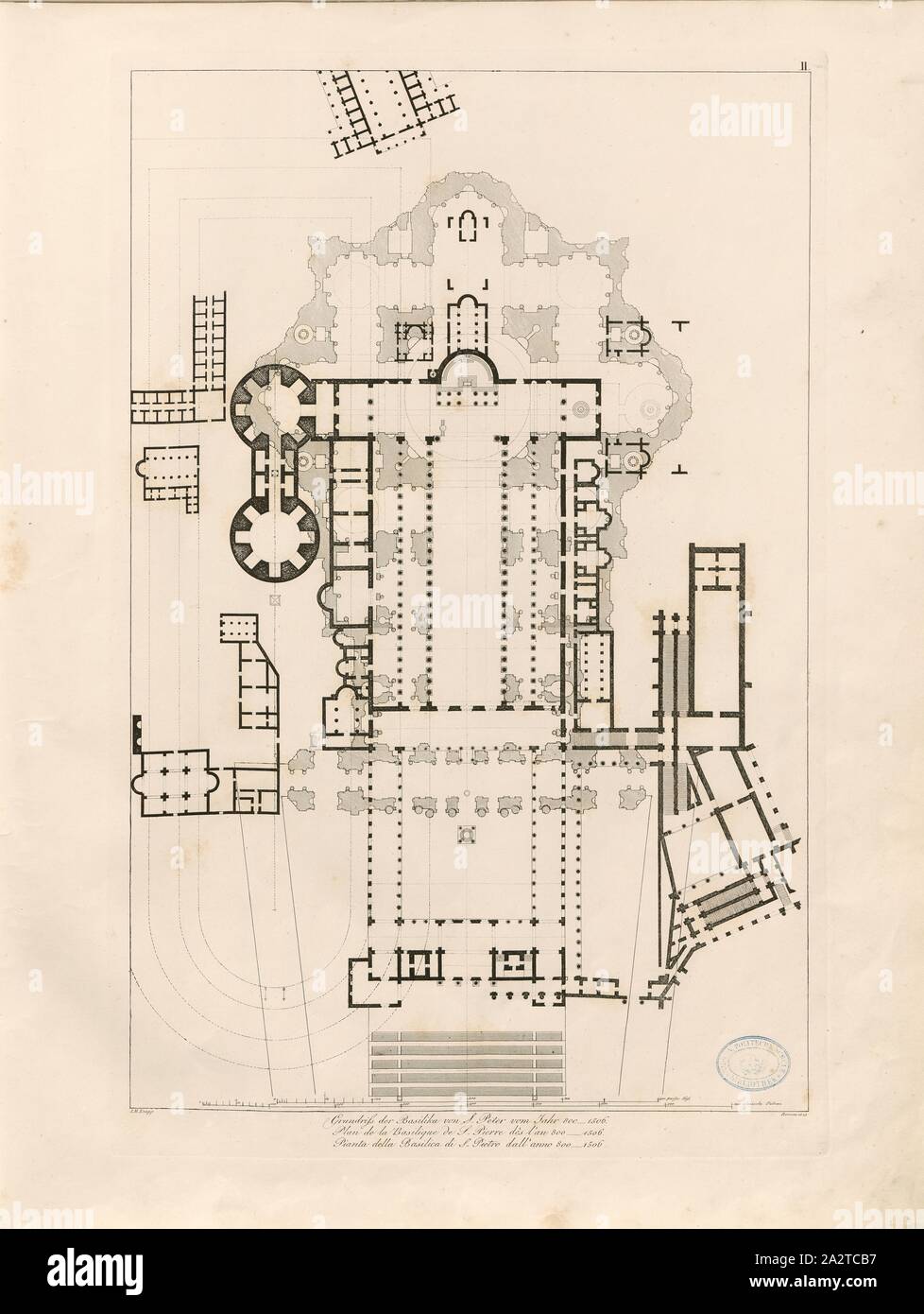 Floor plan of the basilica of S. Peter from the year 800-1506, Ground plan of the Constantine basilica (Old St. Peter) in Rome, Signed: I. M. Knapp, Taf. II, after S. 6, Knapp, I. M. (bearb.), Christian Karl Josias von Bunsen: Die Basiliken des christlichen Roms: nach ihrem Zusammenhange mit Idee und Geschichte der Kirchenbaukunst. Bd. 2. München: Literarisch-artistische Anstalt der J. G. Cotta'schen Buchhandlung, [1824 Stock Photo