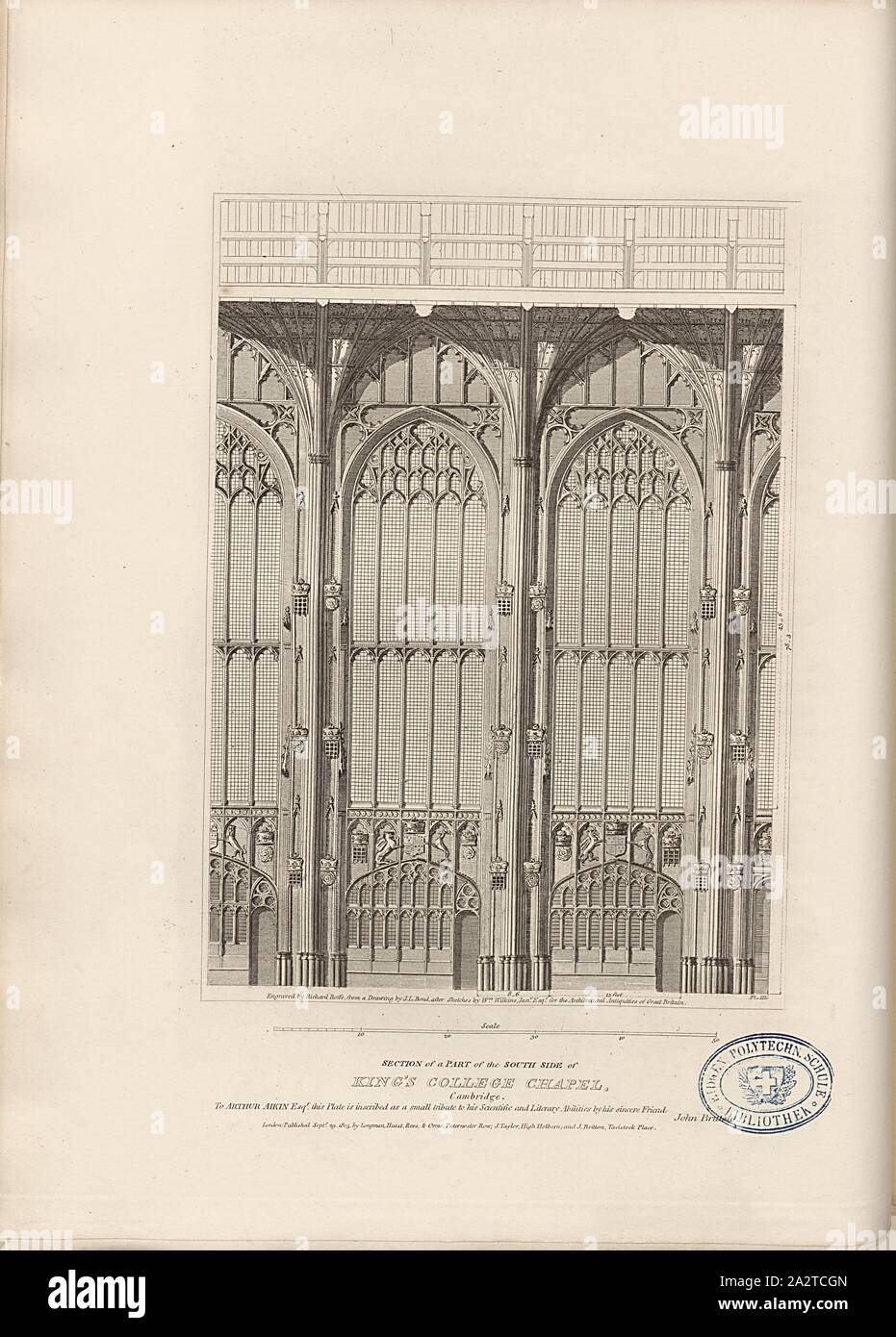 Section of a Part of the South Side of King's College Chapel, Cambridge, South facade of Chapel of King's College in Cambridge, signed: Engraved by Richard Roffe, from a Drawing by J.L. Bond, after Sketches by Wm Wilkins, Fig. 13, Pl. III, to p. 8, Wilkins, William (Sketch); Bond, John Linnell (Drawing); Roffe, Richard (Engraving), 1805, John Britton: The architectural antiquities of Great Britain: represented and illustrated in a series of views, elevations, plans, sections and details of various ancient English edifices: with historical and descriptive accounts of each. Bd. 1. London: J Stock Photo