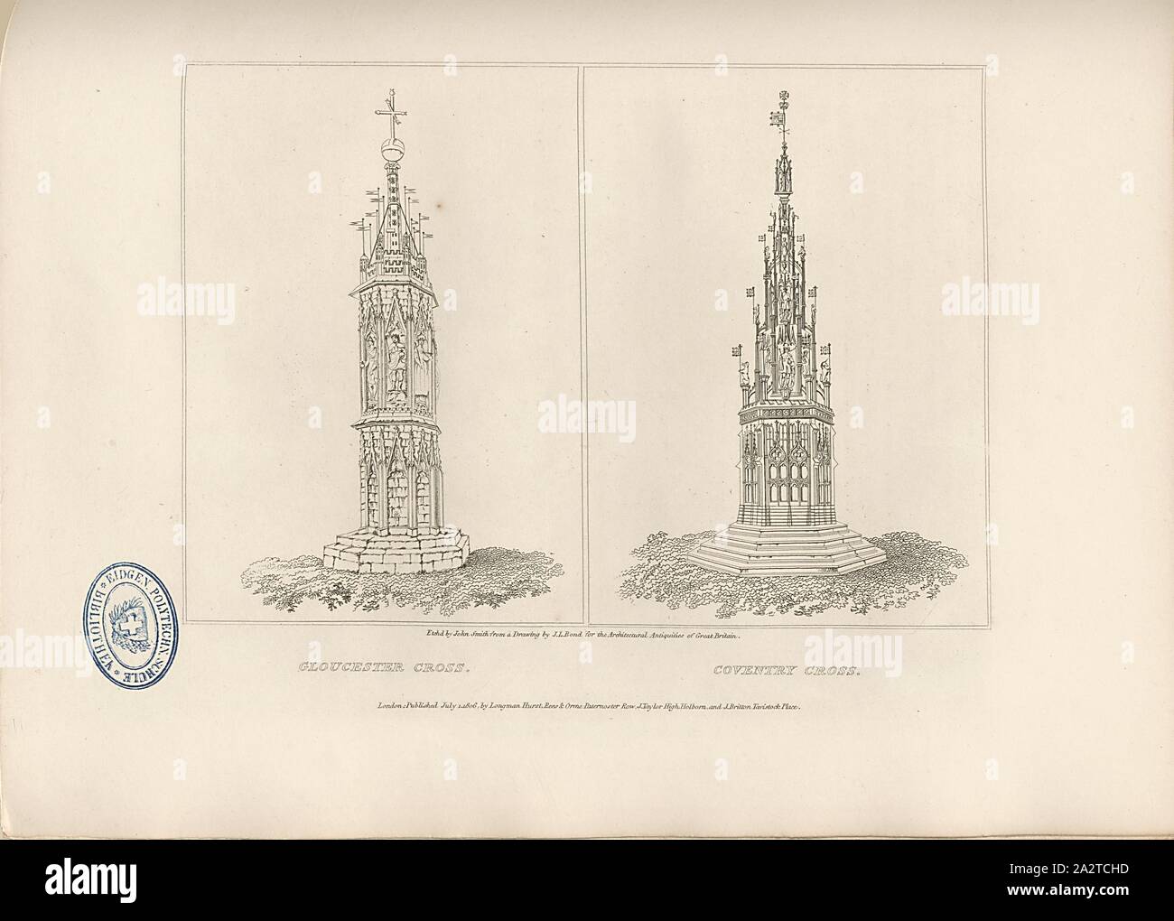 Gloucester Cross and Coventry Cross, The Cross or High Cross in Gloucester and Coventry Cross near the Cathedral of Coventry, signed: Etch'd by John Smith, from a Drawing by J. L. Bond, Fig. 31, p. 18, Bond, John Linnell (Drawing); Smith, John (Etching), 1806, John Britton: The architectural antiquities of Great Britain: represented and illustrated in a series of views, elevations, plans, sections and details of various ancient English edifices: with historical and descriptive accounts of each. Bd. 1. London: J. Taylor, 1807-1826 Stock Photo