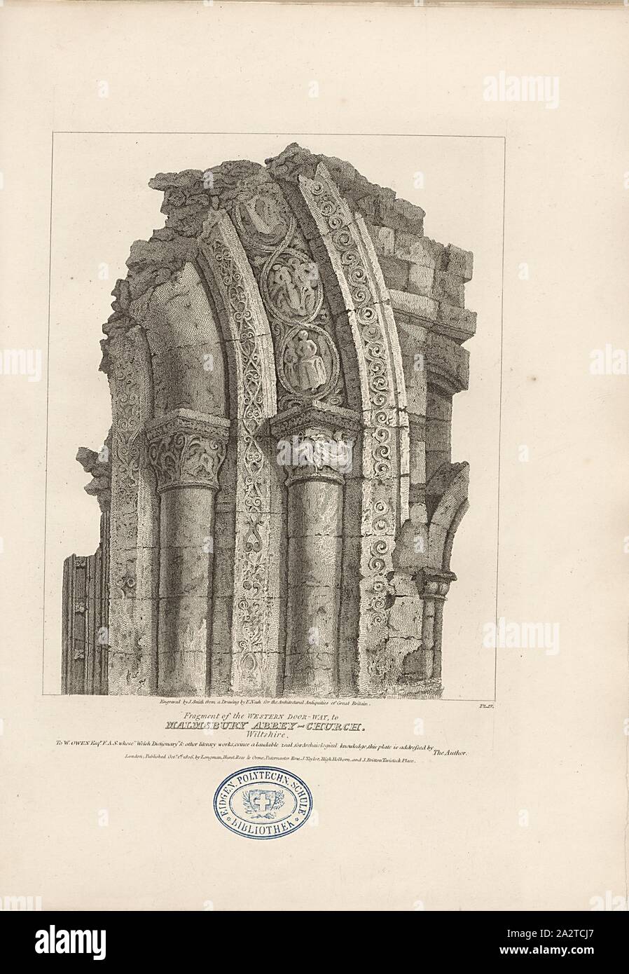 Fragment of the Western Door-Way, to Malmesbury Abbey-Church, Wiltshire, Ruin of the Porch to Malmsbury Abbey Church, signed: Engraved by J. Smith from a Drawing by F. Nash, Fig. 50, according to p. 12, Nash, F. (Drawing); Smith, J. (engr.), 1806, John Britton: The architectural antiquities of Great Britain: represented and illustrated in a series of views, elevations, plans, sections and details of various ancient English edifices: with historical and descriptive accounts of each. Bd. 1. London: J. Taylor, 1807-1826 Stock Photo