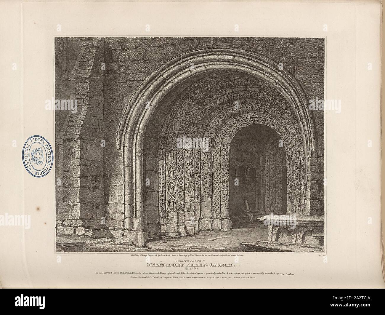 Southern Porch to Malmesbury Abbey-Church, Wiltshire, Malmsbury Abbey Church, signed: Etch'd by W. Lowry, engraved by John Roffe, from a Drawing by Tho., Hearne, Fig. 53, Pl. VII, after p. 12, Hearne, Thomas (Drawing); Lowry, Wilson (Etching); Roffe, John (engr.), 1806, John Britton: The architectural antiquities of Great Britain: represented and illustrated in a series of views, elevations, plans, sections and details of various ancient English edifices: with historical and descriptive accounts of each. Bd. 1. London: J. Taylor, 1807-1826 Stock Photo