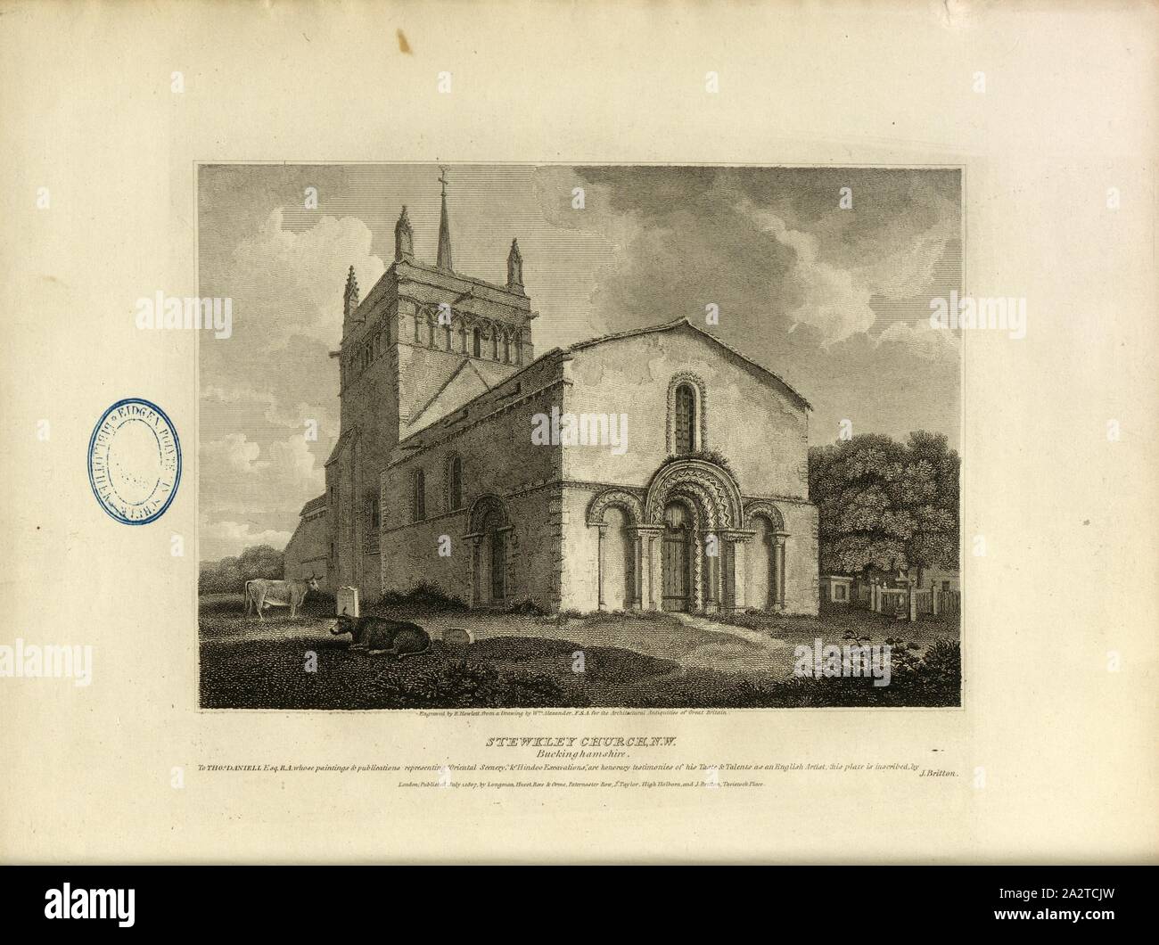 Stewkley Church, N. W. Buckinghamshire, Parish Church of St Michael and All Angels in Stewkley, signed: Engraved by B. Howlett from a Drawing by W. Alexander, Fig. 1, according to S. II, Alexander, Willisam (Drawing); Howlett, Bartholomew (engr.), 1812, John Britton: The architectural antiquities of Great Britain: represented and illustrated in a series of views, elevations, plans, sections and details of various ancient English edifices: with historical and descriptive accounts of each. Bd. 2. London: J. Taylor, 1807-1826 Stock Photo