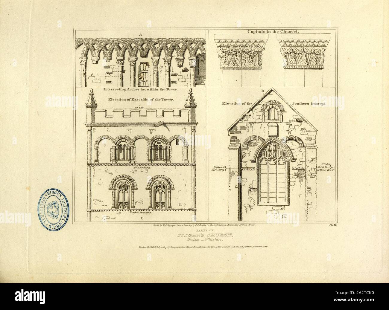 St. John's Church, Devizes Wiltshire, Details of St. John's Church at Devizes in Wiltshire, signed: Etch'd by M.S. Barenger, from a Drawing by J. C. Smith, Fig. 5, Pl. III, to p. 6, Smith, J. C. (Drawing); Barenger, M. S. (Etching), 1807, John Britton: The architectural antiquities of Great Britain: represented and illustrated in a series of views, elevations, plans, sections and details of various ancient English edifices: with historical and descriptive accounts of each. Bd. 2. London: J. Taylor, 1807-1826 Stock Photo