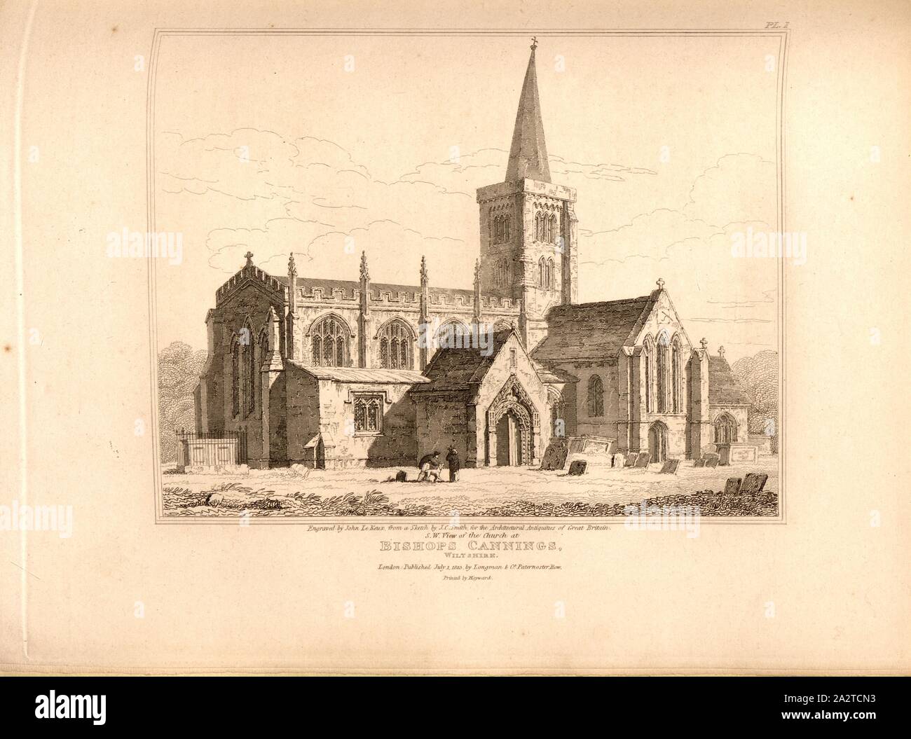 S. W. View of the Church at Bishops Cannings, Wiltshire, St James Church at Bishops Cannings in Wiltshire, signed: Engraved by John Le Keux, from a Sketch by J.C. Smith; Published by Longman & Co, Fig. 36, Pl. I, after p. 119, Smith, J. C. (sketch); Keux, John Le (engraving); Longman & Co. (published), 1813, John Britton: The architectural antiquities of Great Britain: represented and illustrated in a series of views, elevations, plans, sections and details of various ancient English edifices: with historical and descriptive accounts of each. Bd. 4. London: J. Taylor, 1807-1826 Stock Photo