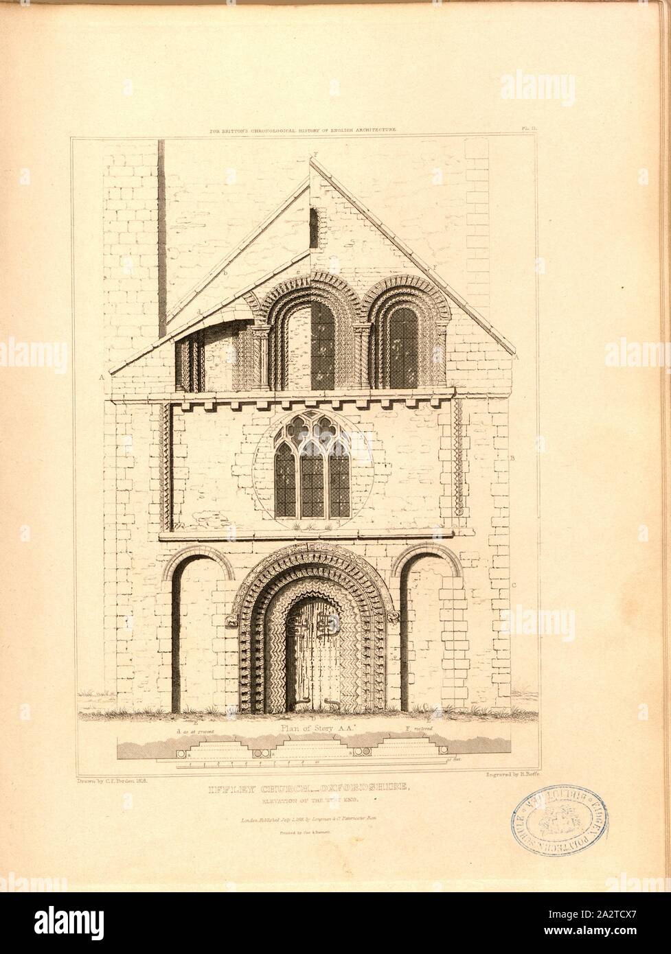 Iffley Church, Oxfordshire, elevation of the west end, Elevation of St Mary's Church at Iffley in Oxfordshire, signed: Drawn by C.F. Porden; Engraved by R. Roffe; Published by Longman & Co, Fig. 9, Pl. II, after p. 260, Porden, C. F. (drawing); Roffe, Richard (engraving); Longman & Co. (published), 1818, John Britton: The architectural antiquities of Great Britain: represented and illustrated in a series of views, elevations, plans, sections and details of various ancient English edifices: with historical and descriptive accounts of each. Bd. 5. London: J. Taylor, 1807-1826 Stock Photo