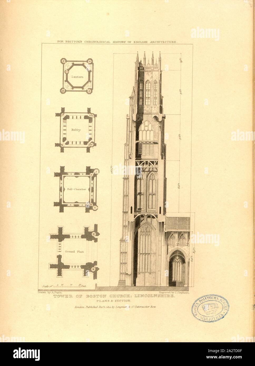 Tower of Boston Church, Lincolnshire, plans, St Botolph Church in Boston, Lincolnshire, signed: Drawn by A. Pugin; Engraved by J. Cleghorn; Published by Longman & Co, Fig. 65, p. 260, Pugin, Augustus Charles (drawing); Cleghorn, James (engraving); Longman & Co. (published), 1820, John Britton: The architectural antiquities of Great Britain: represented and illustrated in a series of views, elevations, plans, sections and details of various ancient English edifices: with historical and descriptive accounts of each. Bd. 5. London: J. Taylor, 1807-1826 Stock Photo