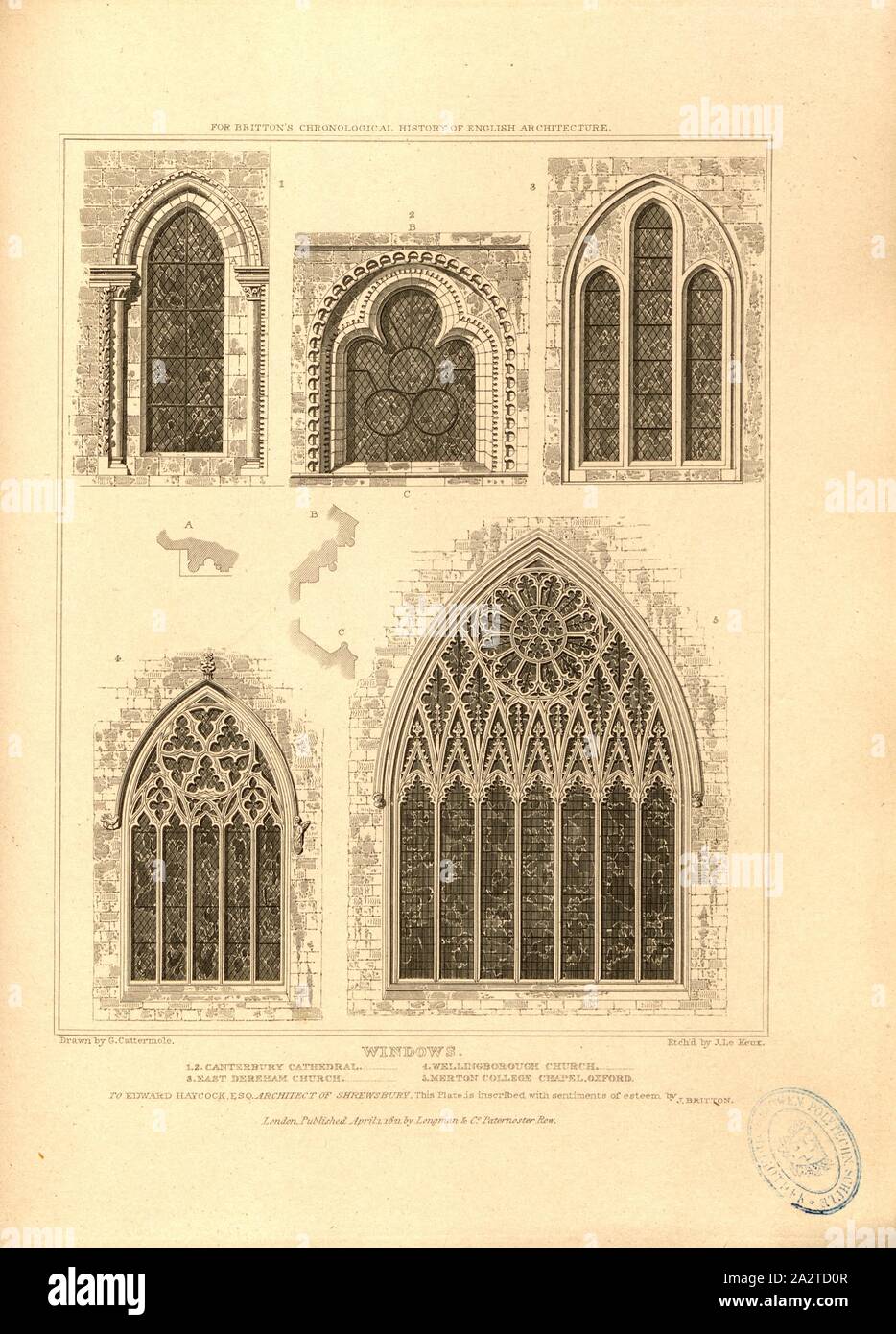 Windows: 1.2. Canterbury Cathedral, 3. East Dereham Church, 4. Wellingborough Church, 5. Merton College Chapel, Oxford, Various stained-glass windows, signed: Drawn by G. Cattermole; Etch'd by J. Le Keux; Published by Longman & Co, Fig. 75, after p. 260, Cattermole, George (drawing); Keux, John Le (etching); Longman & Co. (published), 1821, John Britton: The architectural antiquities of Great Britain: represented and illustrated in a series of views, elevations, plans, sections and details of various ancient English edifices: with historical and descriptive accounts of each. Bd. 5. London: J Stock Photo