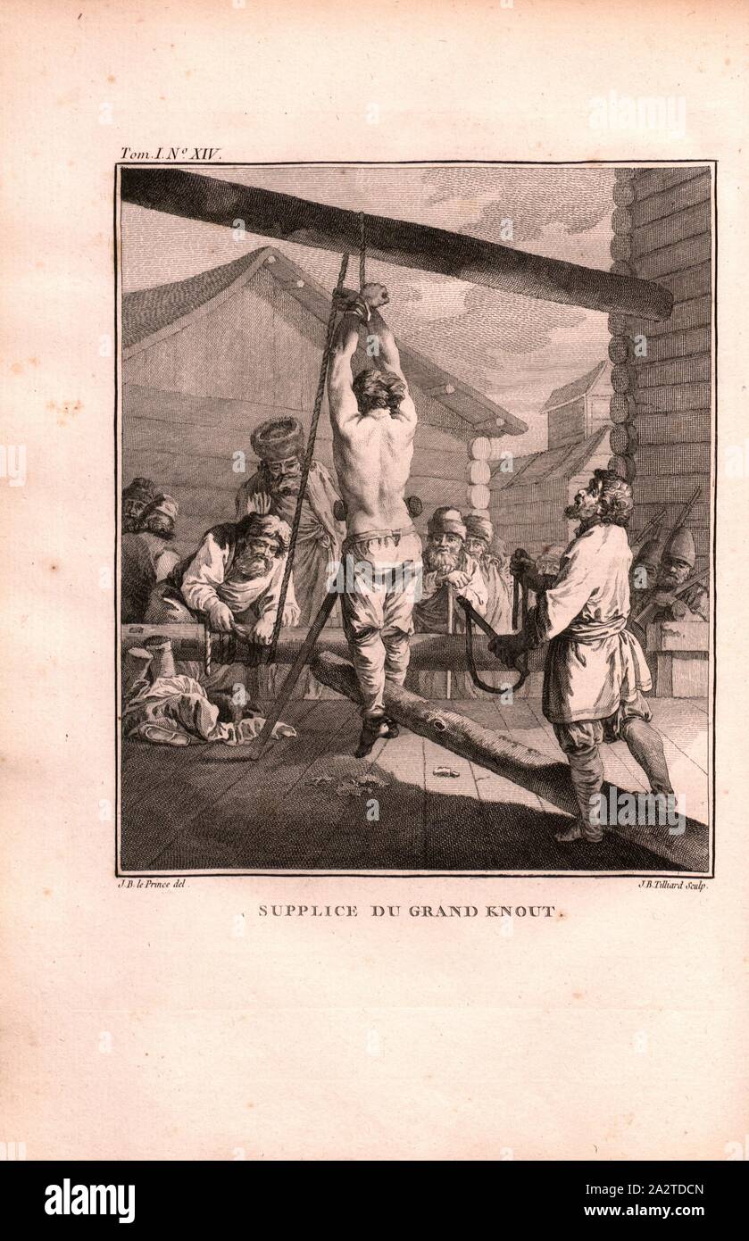 Grand Knout, A man is hung on a beam with a rope by his arms and beaten with a big whip, Signed; J. B. le Prince (del.), J. B. Tilliard (sculp.), Engraving, no. XIV, after p. 226 (vol. 1), Le Prince, Jean-Baptiste ; Tilliard, Jean-Baptiste, 1768, Jean Chappe d'Auteroche: Voyage en Sibérie fait par ordre du roy en 1761: contenant les moeurs, les usages des Russes, et l'etat actuel de cette puissance. Paris: chez Debure, 1768 Stock Photo