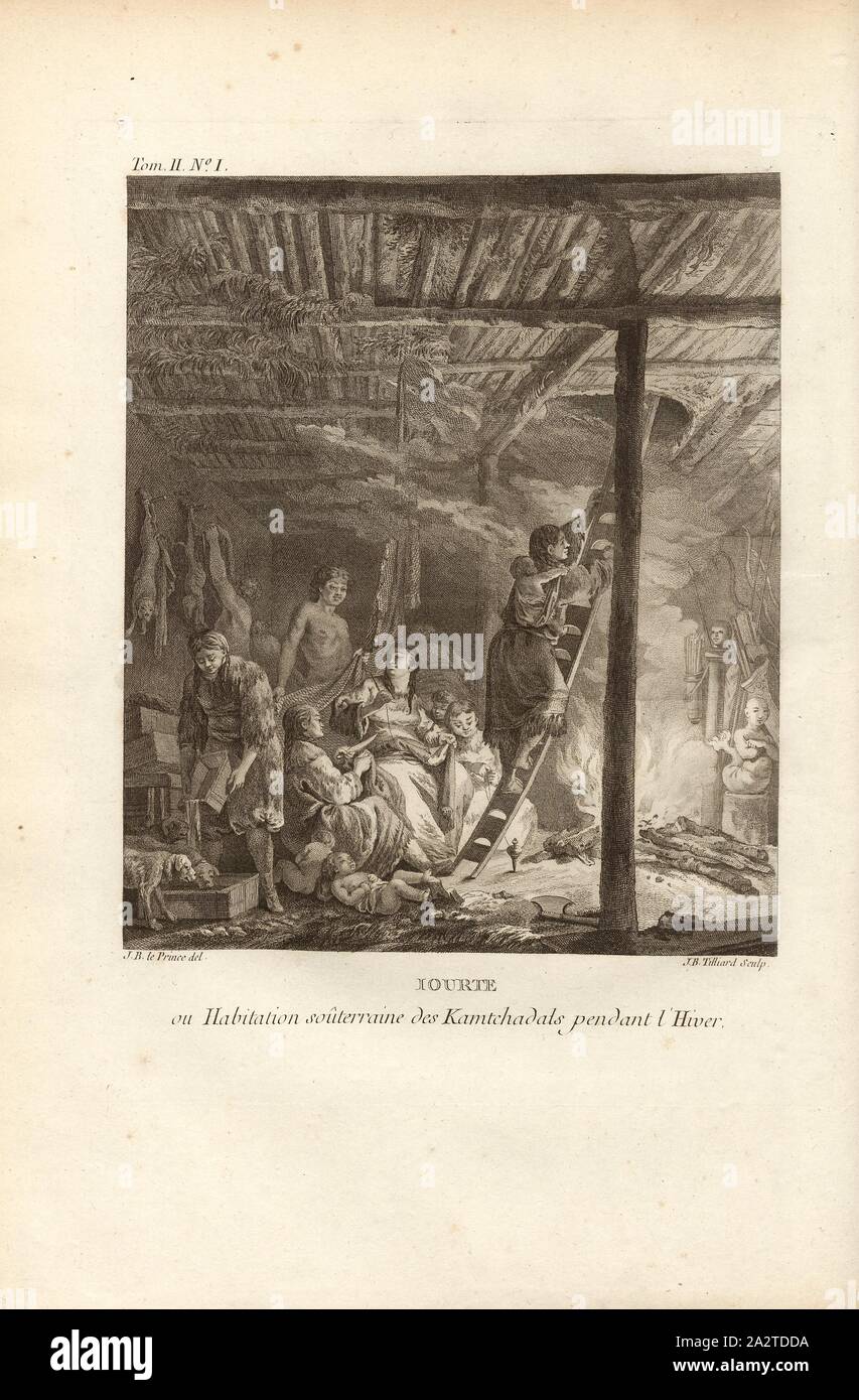 Yourte or Kamtchadals subterranean habitation during the winter, A yurt or mine hut of the inhabitants of Kamchatka, the Kamchatka in winter, Signed: J. B. le Prince (del.), J. B. Tilliard (sculp.), Copperplate engraving, no. I, after p. 24 (vol. 2), Le Prince, Jean-Baptiste ; Tilliard, Jean-Baptiste, 1768, M. Kracheninnikow: Voyage en Sibérie, contenant la description du Kamtchatka, ou l'on trouve. Paris: chez Debure, 1768 Stock Photo