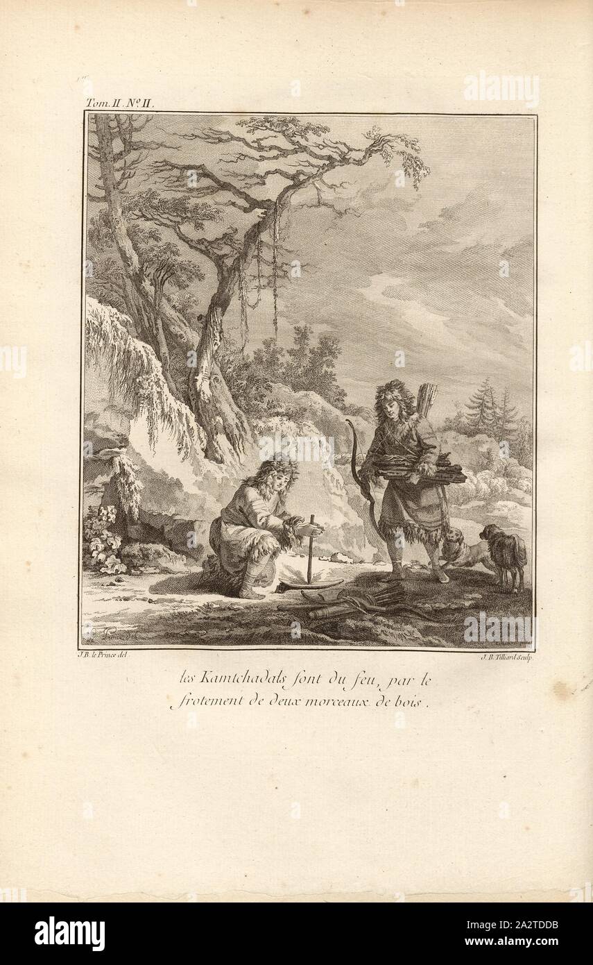 the Kamchadales make fire, by the friction of two pieces of wood, Two Kamchadals Using Two Wooden Sticks to Light a Fire, Signed: J. B. le Prince (del.), J. B. Tilliard (sculp.), Copper Engraving, no. II, according to p. 28 (vol. 2), Le Prince, Jean-Baptiste ; Tilliard, Jean-Baptiste, 1768, M. Kracheninnikow: Voyage en Sibérie, contenant la description du Kamtchatka, ou l'on trouve. Paris: chez Debure, 1768 Stock Photo
