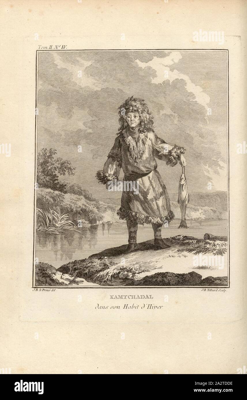 Kamchadal in his winter coat, A Kamtschadale in winter clothing, with a fish on his hand, Signed: J. B. le Prince (del.), J. B. Tilliard (sculp.), Copperplate engraving, no. IV, after p. 38 (vol. 2), Le Prince, Jean-Baptiste ; Tilliard, Jean-Baptiste, 1768, M. Kracheninnikow: Voyage en Sibérie, contenant la description du Kamtchatka, ou l'on trouve. Paris: chez Debure, 1768 Stock Photo