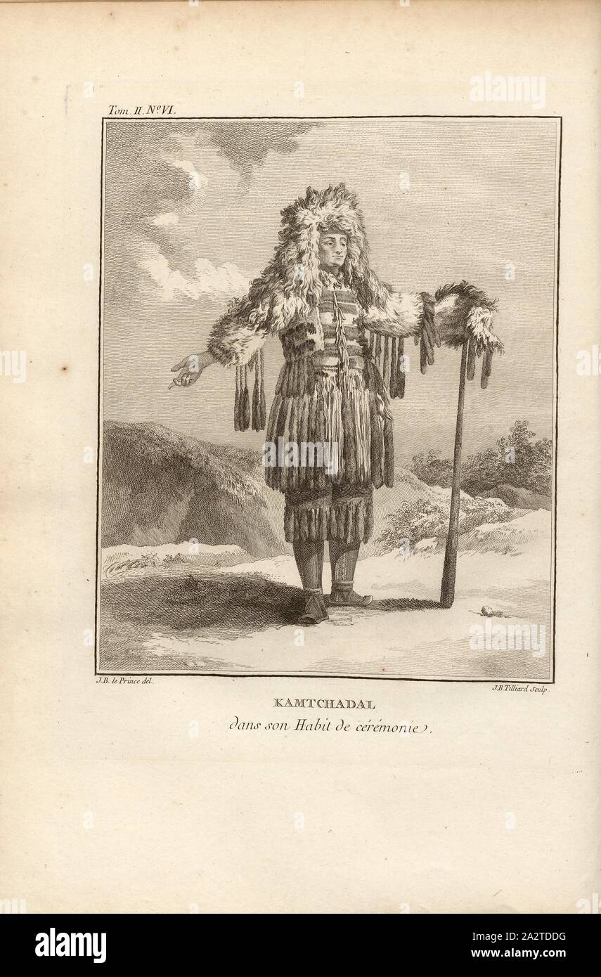 Kamchadal in his ceremonial dress, A Kamtschadale in his dresses for festivals, ceremonies, Signed: J. B. le Prince (del.), J. B. Tilliard (sculp.), Copperplate engraving, no. VI, after p. 38 (vol. 2), Le Prince, Jean-Baptiste ; Tilliard, Jean-Baptiste, 1768, M. Kracheninnikow: Voyage en Sibérie, contenant la description du Kamtchatka, ou l'on trouve. Paris: chez Debure, 1768 Stock Photo