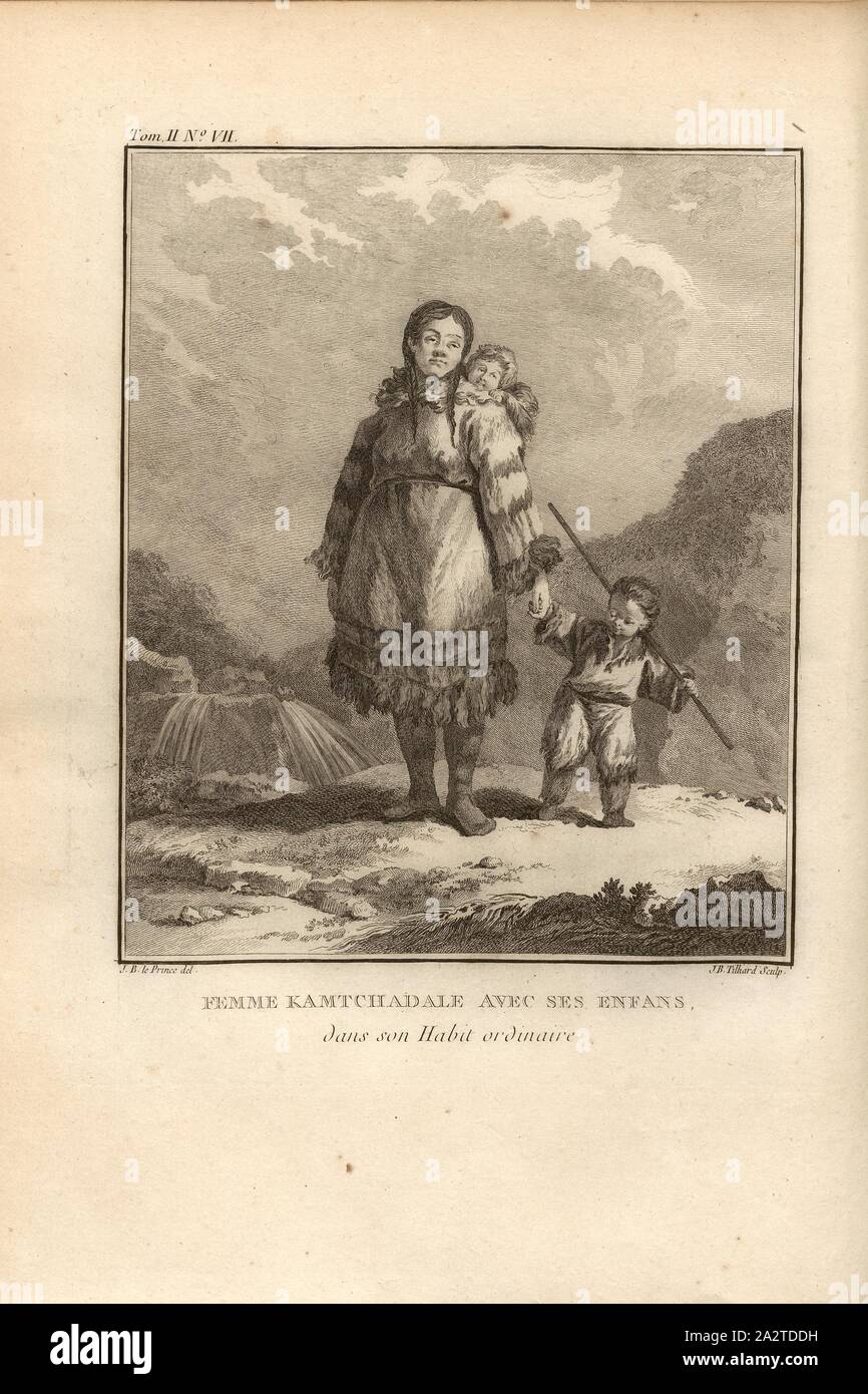 Kamchadal woman with her children in her ordinary clothes, A Kamchatka with Children in Everyday Clothes, Signed: J. B. le Prince (del.), J. B. Tilliard (sculp.), Copper Engraving, no. VII, according to p. 38 (vol. 2), Le Prince, Jean-Baptiste ; Tilliard, Jean-Baptiste, 1768, M. Kracheninnikow: Voyage en Sibérie, contenant la description du Kamtchatka, ou l'on trouve. Paris: chez Debure, 1768 Stock Photo