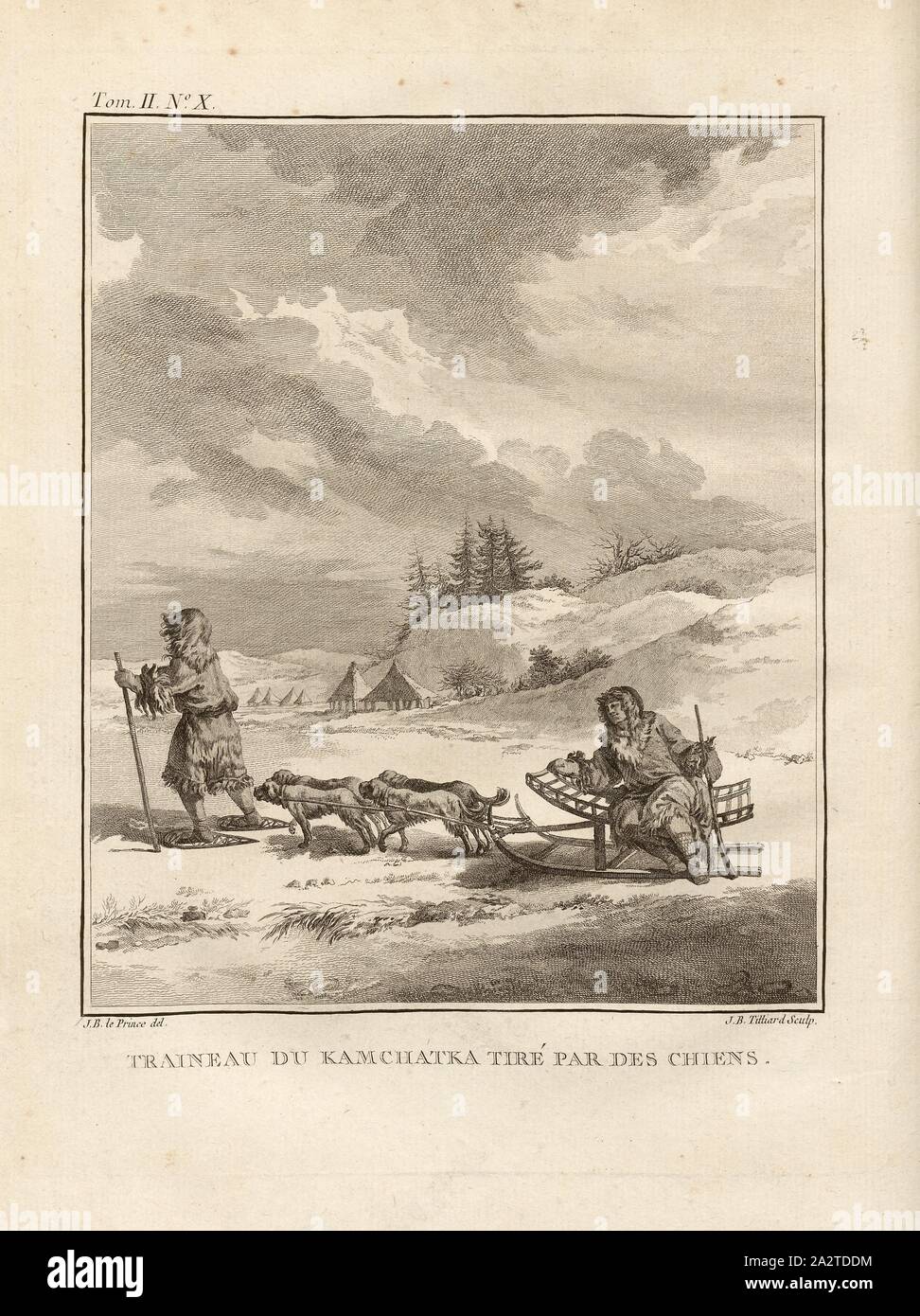 Kamchatka sled pulled by dogs, Carriage drawn by dogs in a snowy landscape, Signed: J. B. le Prince (del.), J. B. Tilliard (sculp.), Copper engraving, no. X, after p. 48 (vol. 2), Le Prince, Jean-Baptiste ; Tilliard, Jean-Baptiste, 1768, M. Kracheninnikow: Voyage en Sibérie, contenant la description du Kamtchatka, ou l'on trouve. Paris: chez Debure, 1768 Stock Photo