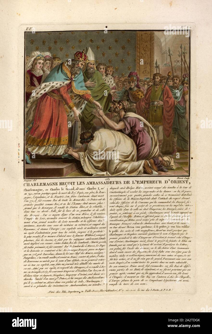 Charlemagne receives the ambassadors of the Emperor of the East, Charlemagne receives Envoy Nikephoros I, signed: Naigeon (del.); Moret (sculp.); chez Blin, UU no. 2, Naigeon, Elsidore (del.); Morret, Jean-Baptiste (sc.), Blin (chez), Antoine François Sergent-Marceau: Portraits des grands hommes, femmes illustres et sujets mémorables de France: gravés et imprimés en couleurs. Dédié au Roi. Bd. 1. Paris: chez Blin, Imprimeur en Taille-Douce, [1786-1792 Stock Photo