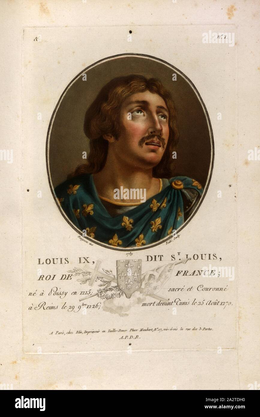 Louis IX, known as St. Louis, King of France, Louis IX, also Louis the Saint, King of France, signed: Naigeon (inv.); Ridé (sculp.), Chez Blin, & no. 1, Naigeon (inv.); Ridé (sc.); Blin (chez), Antoine François Sergent-Marceau: Portraits des grands hommes, femmes illustres et sujets mémorables de France: gravés et imprimés en couleurs. Dédié au Roi. Bd. 1. Paris: chez Blin, Imprimeur en Taille-Douce, [1786-1792 Stock Photo