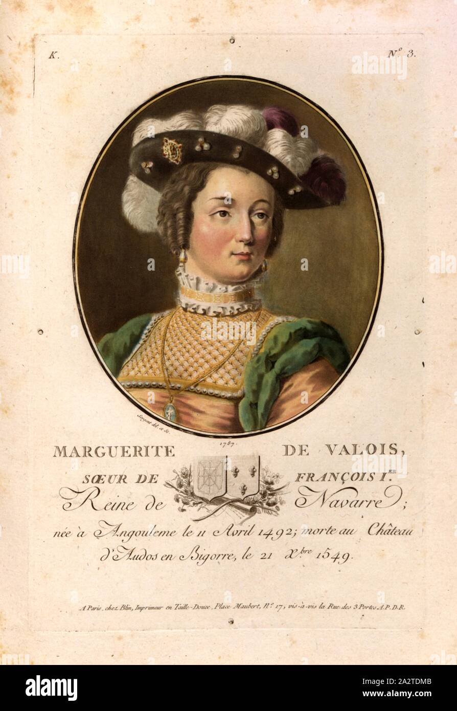 Marguerite de Valois, sister of François I. Queen of Navarre, Margaret of Navarre, sister of King Francis I of France and Queen of Navarre, signed: Sergent (del. Et sculp.); chez Blin, K no. 3, Sergent, Antoine Louis François (del. et sculp.); Blin (chez), Antoine François Sergent-Marceau: Portraits des grands hommes, femmes illustres et sujets mémorables de France: gravés et imprimés en couleurs. Dédié au Roi. Bd. 1. Paris: chez Blin, Imprimeur en Taille-Douce, [1786-1792 Stock Photo