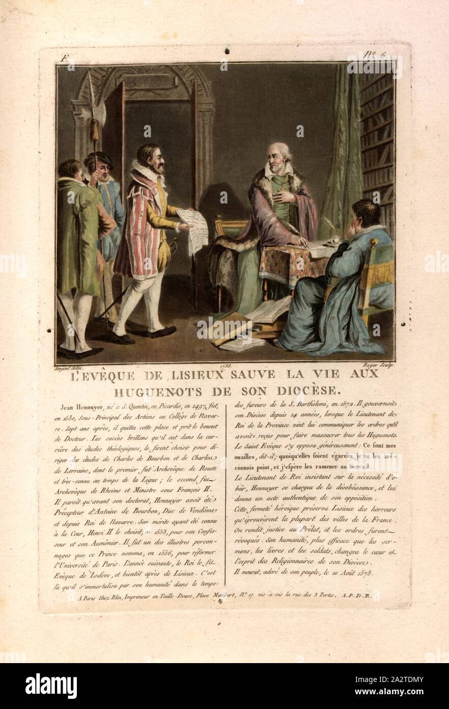 The Bishop of Lisieux saves the lives of the Huguenots in his diocese, Jean Hennuyer, Bishop of Lisieux in St. Bartholomew's Night (1572), signed: Sergent (delin.); Roger (sculp.); chez Blin, F no. 6, Sergent, Antoine Louis François (delin.); Roger (sculp.); Blin (chez), Antoine François Sergent-Marceau: Portraits des grands hommes, femmes illustres et sujets mémorables de France: gravés et imprimés en couleurs. Dédié au Roi. Bd. 1. Paris: chez Blin, Imprimeur en Taille-Douce, [1786-1792 Stock Photo