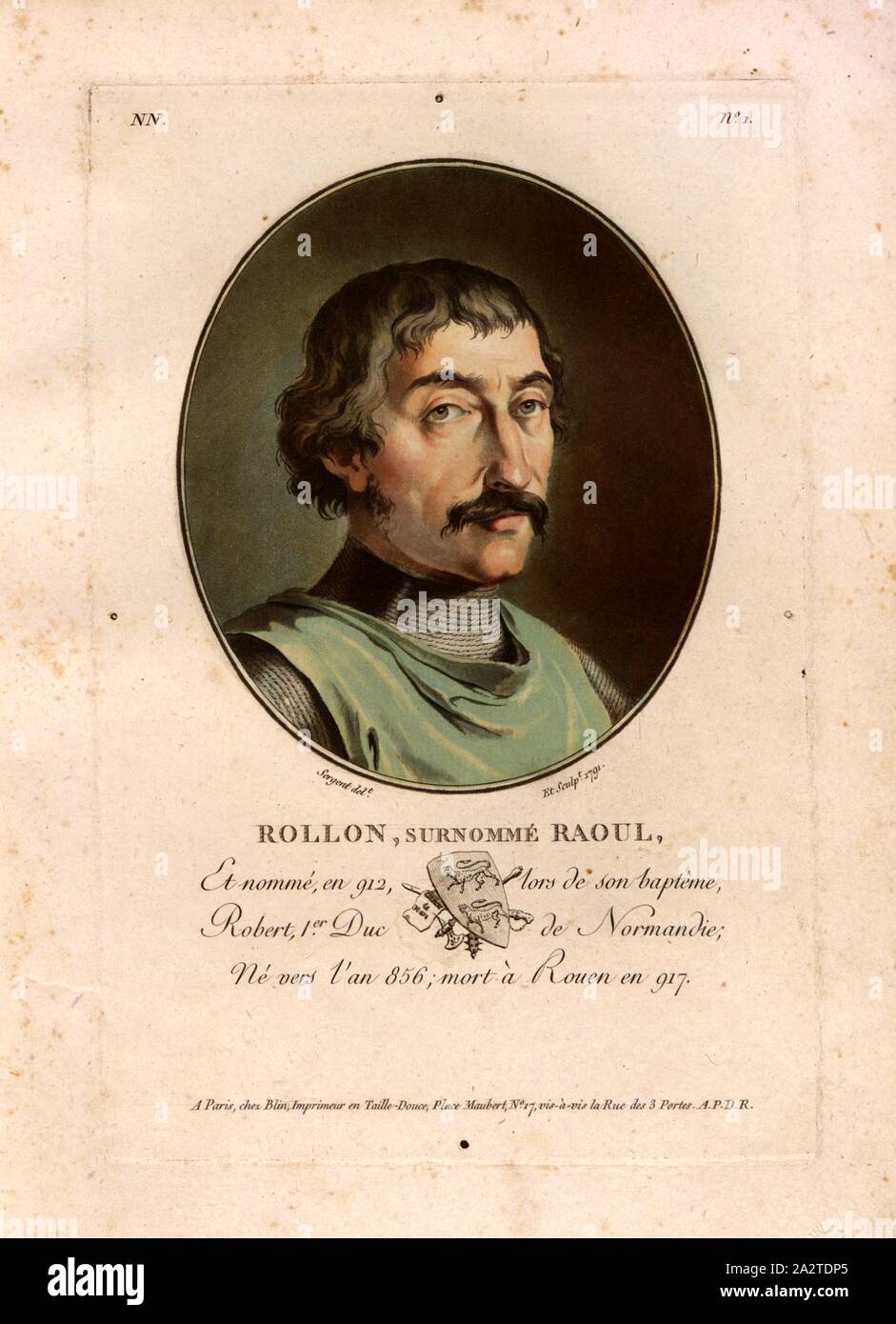 Rollon, nicknamed Raoul, Rolo, also Rolf, a commander of the Vikings, signed: Sergent (del. Et sculp.); chez Blin, NN no. 1, Sergent, Antoine Louis François (del. et sc.), Blin (chez), Antoine François Sergent-Marceau: Portraits des grands hommes, femmes illustres et sujets mémorables de France: gravés et imprimés en couleurs. Dédié au Roi. Bd. 2. Paris: chez Blin, Imprimeur en Taille-Douce, [1786-1792 Stock Photo