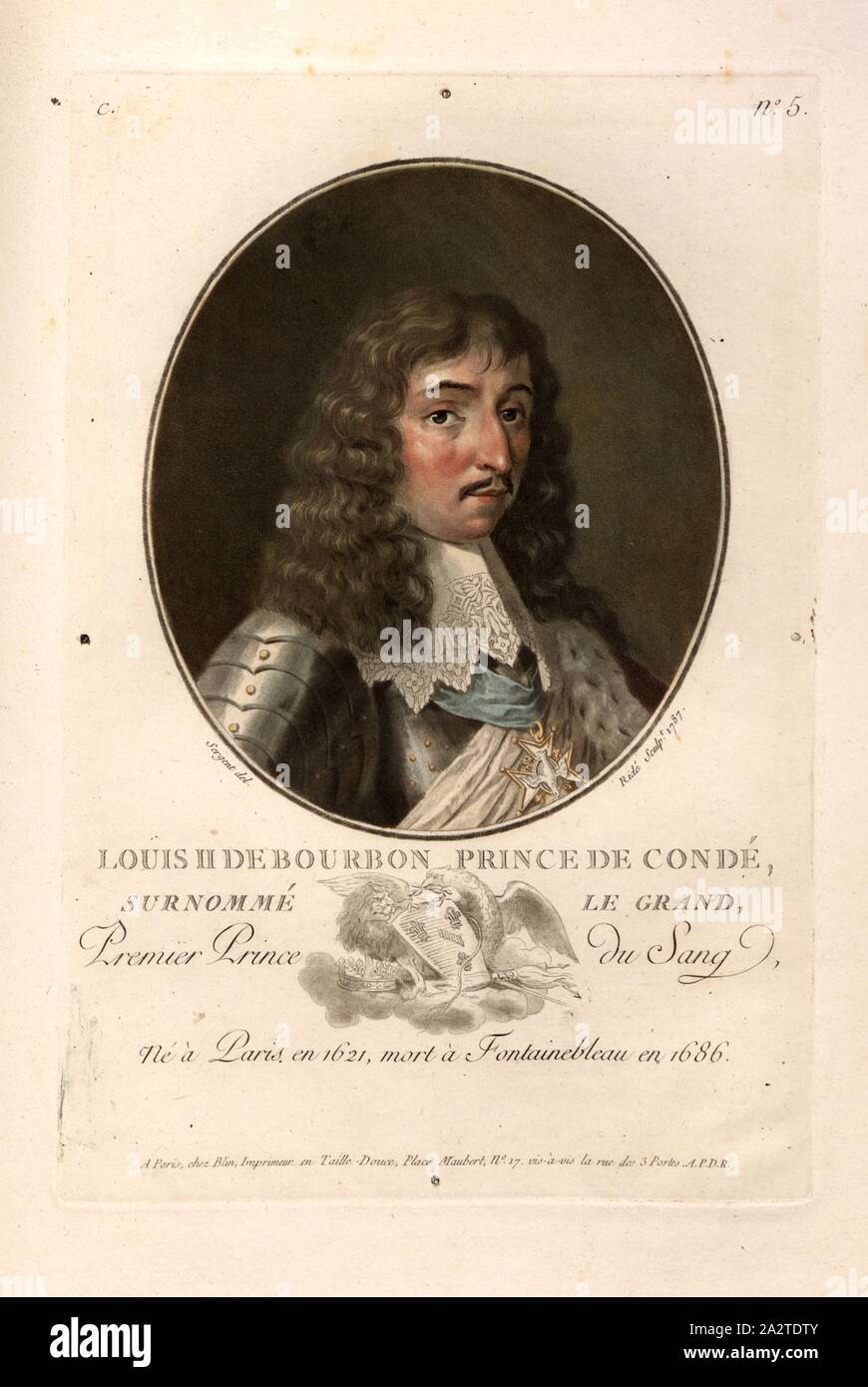 Louis II of Bourbon, Prince of Conde, nicknamed the Great, Louis II de Bourbon, prince de Condé, also Le Grand Condé, signed: Sergent (del.); Ridé (sculp.); chez Blin, C no. 5, Sergent, Antoine Louis François (del.); Ridé (sculp.); Blin (chez), Antoine François Sergent-Marceau: Portraits des grands hommes, femmes illustres et sujets mémorables de France: gravés et imprimés en couleurs. Dédié au Roi. Bd. 2. Paris: chez Blin, Imprimeur en Taille-Douce, [1786-1792 Stock Photo