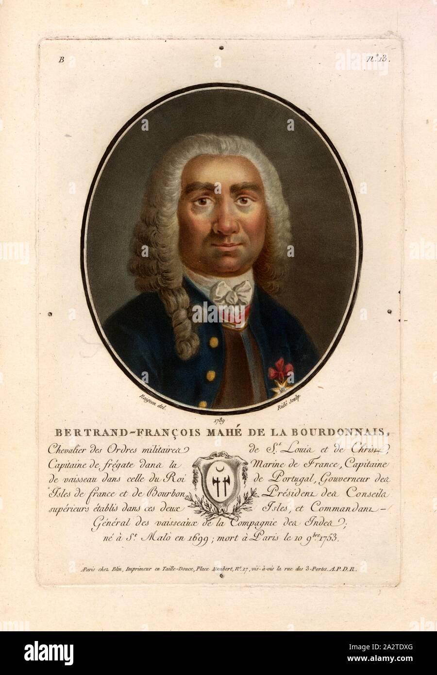 Bertrand-François Mahé of Bourdonnais, Bertrand François Mahé de La Bourdonnais, French admiral, signed: Naigeon (del.); Ridé (sculp.); chez Blin, B no. 13, Naigeon (del.); Ridé (sculp.); Blin (chez), Antoine François Sergent-Marceau: Portraits des grands hommes, femmes illustres et sujets mémorables de France: gravés et imprimés en couleurs. Dédié au Roi. Bd. 2. Paris: chez Blin, Imprimeur en Taille-Douce, [1786-1792 Stock Photo