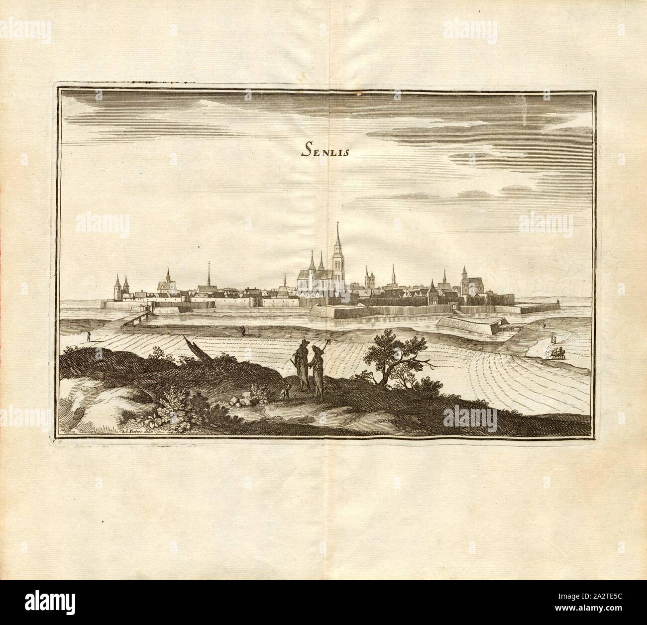 Senlis, Senlis in France, Fig. 107, p. 96, Martin Zeiller: Topographia Galliae, oder, Beschreibung und Contrafaitung der vornehmbsten und bekantisten Oerter in dem mächtigen und grossen Königreich Franckreich: beedes auss eygner Erfahrung und den besten und berühmbtesten Scribenten so in underschiedlichen Spraachen davon aussgangen seyn auch auss erlangten Bericht- und Relationen von etlichen Jahren hero zusammengetragen in richtige Ordnung gebracht und auff begehren zum Druck verfertiget. Bd. 1. Frankfurt am Mayn: Im Verlag Caspar Merians, M DC LXI [1661 Stock Photo