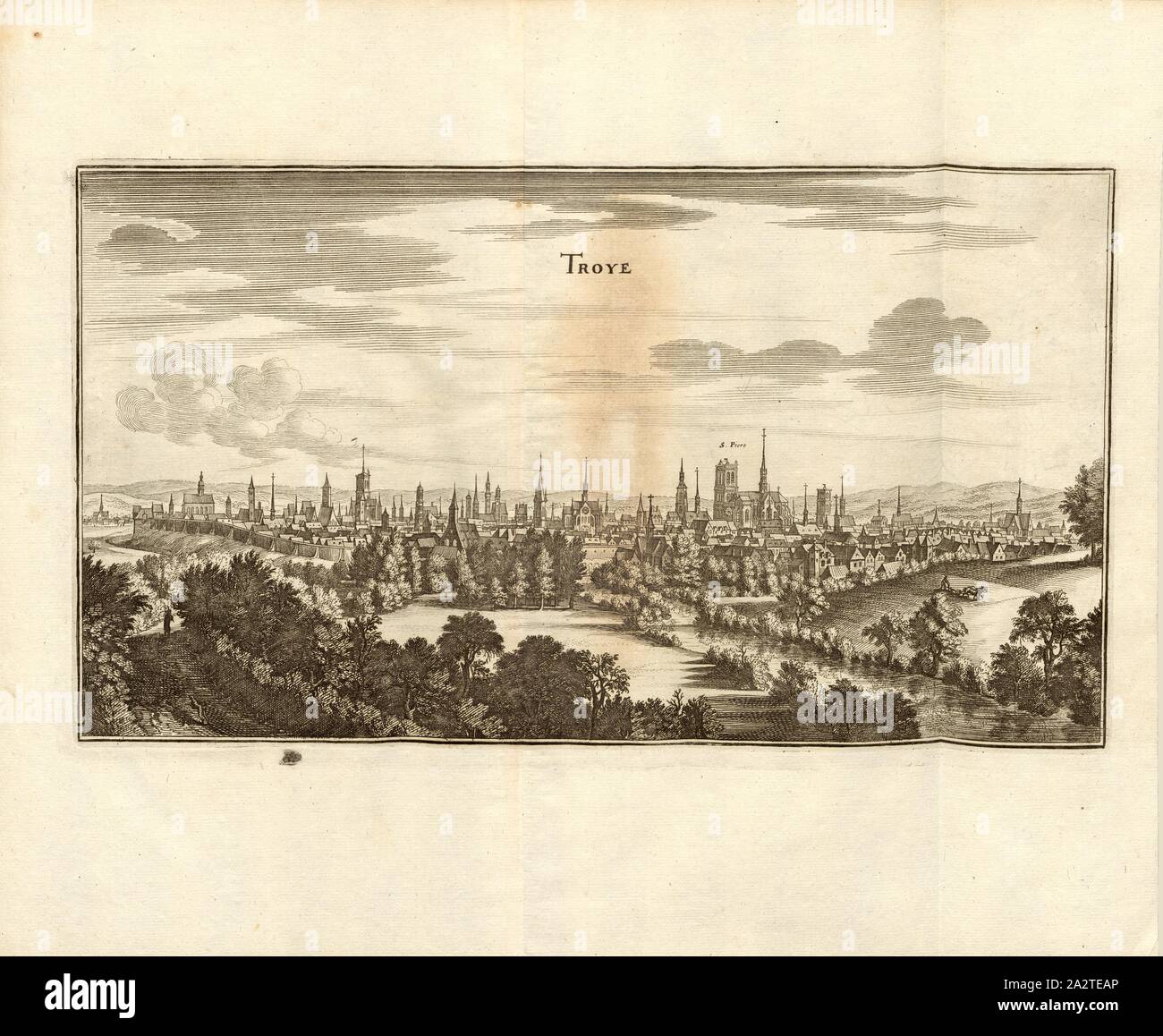 Troye, Troyes, Fig. 80, Third Part, after p. 34, Martin Zeiller: Topographia Galliae, oder, Beschreibung und Contrafaitung der vornehmbsten und bekantisten Oerter in dem mächtigen und grossen Königreich Franckreich: beedes auss eygner Erfahrung und den besten und berühmbtesten Scribenten so in underschiedlichen Spraachen davon aussgangen seyn auch auss erlangten Bericht- und Relationen von etlichen Jahren hero zusammengetragen in richtige Ordnung gebracht und auff begehren zum Druck verfertiget. Bd. 2. Frankfurt am Mayn: Im Verlag Caspar Merians, M DC LVI [1656 Stock Photo