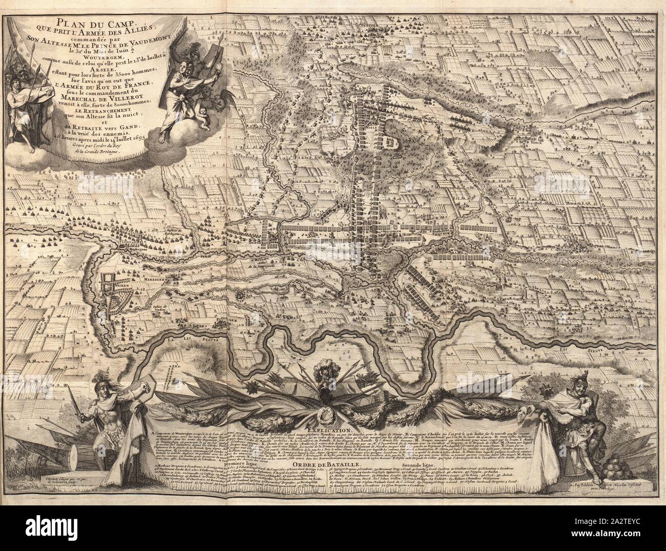 Plan of the camp that took the army of the allies commanded by his highness the Prince de Vaudemont the 30th of June in Woutergem ..., Map of the positions of the army in Woutergen during the Palatine War of Succession (1688-1697), copper engraving, Signed: Ottomar Elliger inv. Et pin, G. v., Gouven sculp, Nicolas Visscher, Fig. 1, Elliger, Ottomar (inv. et pinx.); Gouven, G. v. (sc.); Visscher, Nicolas (ed.), 1696, Relation de la campagne de Flandre et du siège de Namur, en l'année 1695: avec les cartes et les plans nécéssaires pour la parfaite intelligence de cette relation. La Haye: chez Stock Photo