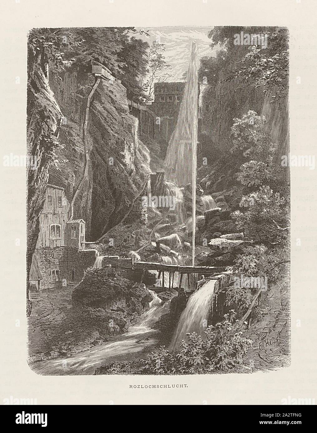 Rozlochschlucht View Of The Rotzlochschlucht With Waterfall Near Stans From The 19th Century Signed E Heyn