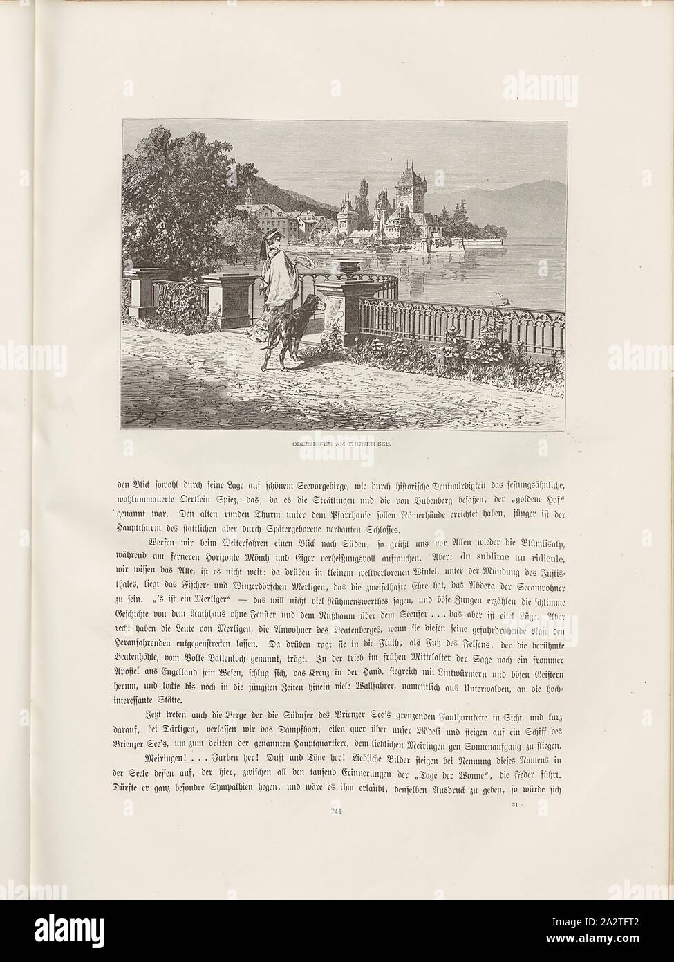 Oberhofen am Thuner See, Illustration of the promenade in Oberhofen am Thunersee from the 19th century, signed: J. Z, Fig. 208, p. 241, Zügel, Joh., Woldemar Kaden: Das Schweizerland: eine Sommerfahrt durch Gebirg und Thal. Stuttgart: Engelhorn, 1875 Stock Photo