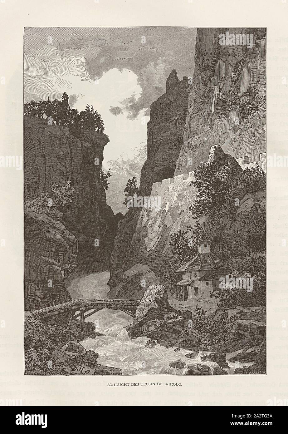 Gorge of Ticino at Airolo, Illustration of a chapel and a bridge over the Ticino in a gorge near Airolo from the 19th century, signed: Dill, E. Goebel, Fig. 317, p. 362, Dill, Ludwig; Goebel, E. (sc.), Woldemar Kaden: Das Schweizerland: eine Sommerfahrt durch Gebirg und Thal. Stuttgart: Engelhorn, 1875 Stock Photo