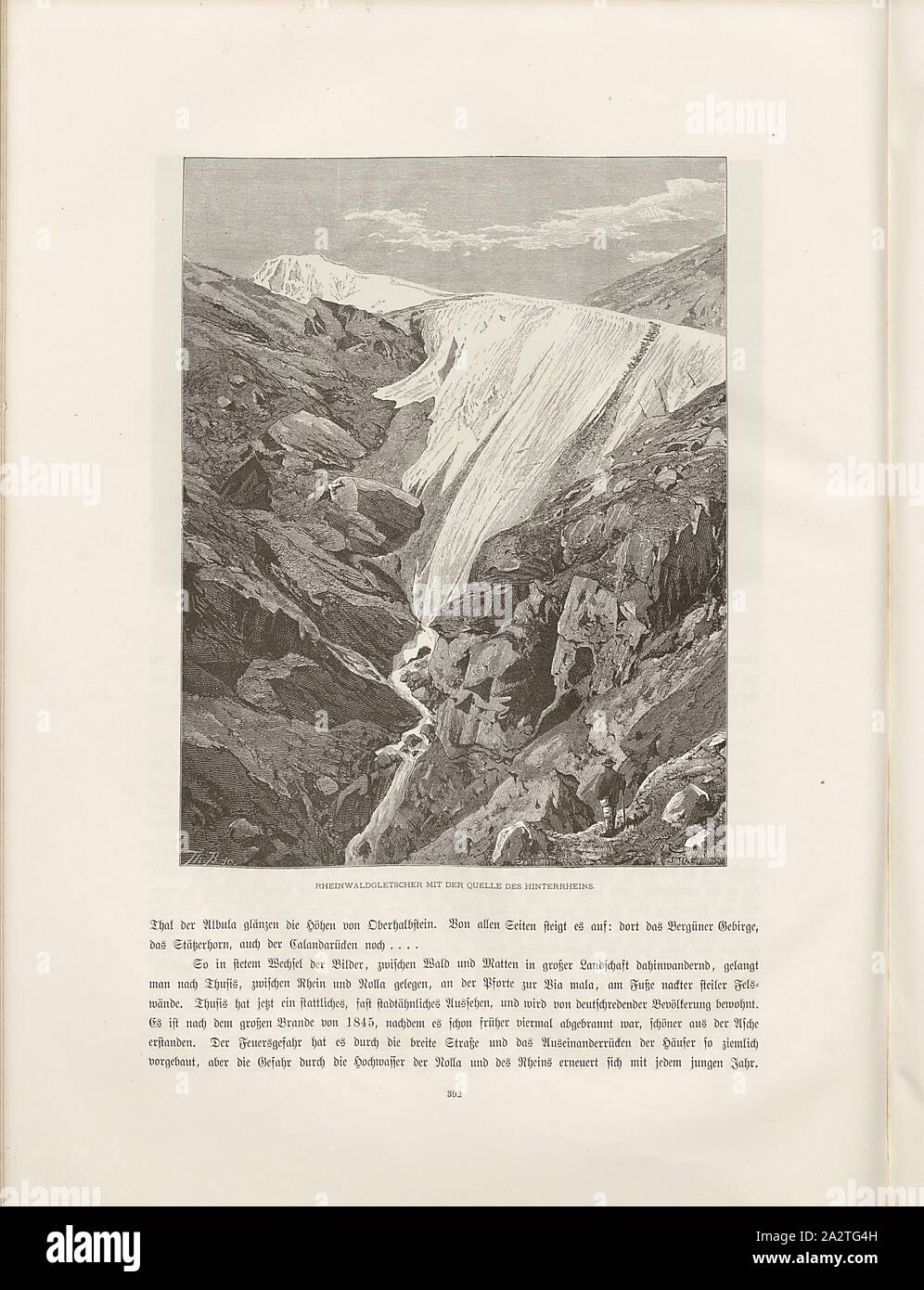 Rheinwald glacier with the source of the Hinterrhein, View of the Rheinwald glacier and the source of the Hinterrhein from the 19th century, signed: Th. B. sc, T. v., E, Fig. 345, p. 392, B., Th. (sc.); Eckenbrecher, Themistokles von, Woldemar Kaden: Das Schweizerland: eine Sommerfahrt durch Gebirg und Thal. Stuttgart: Engelhorn, 1875 Stock Photo