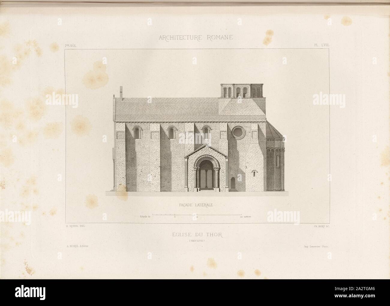 Church of Thor Vaucluse 2, Notre-Dame-du-Lac church in Le Thor, signed: H. Revoil del, Ch. Bury, sc., A. Morel éditeur, Fig. 72, Pl. LVIII, to p. 50, Revoil, Henry (del.); Bury, Ch. (sc.); Morel, A. (éditeur), Henry Revoil: Architecture romane du Midi de la France: dessinée, mesurée et décrite. Bd. 1. Paris: Vve A. Morel & Cie, Libraires-Editeurs, MDCCC LXXIII. [1873 Stock Photo