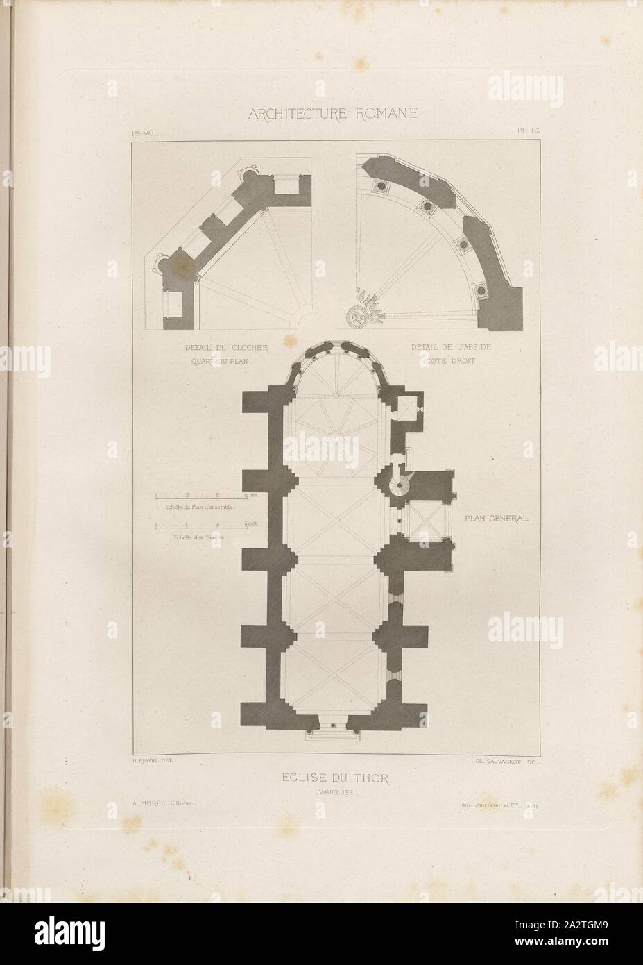 Church of Thor Vaucluse 4, Ground plan of the church of Notre-Dame-du-Lac at Le Thor, signed: H. Revoil del, Cl, Sauvageot sc, A. Morel éditeur, Fig. 74, Pl. LX, to p. 50, Revoil, Henry (del.); Sauvageot, Cl. (sc.); Morel, A. (éditeur), Henry Revoil: Architecture romane du Midi de la France: dessinée, mesurée et décrite. Bd. 1. Paris: Vve A. Morel & Cie, Libraires-Editeurs, MDCCC LXXIII. [1873 Stock Photo